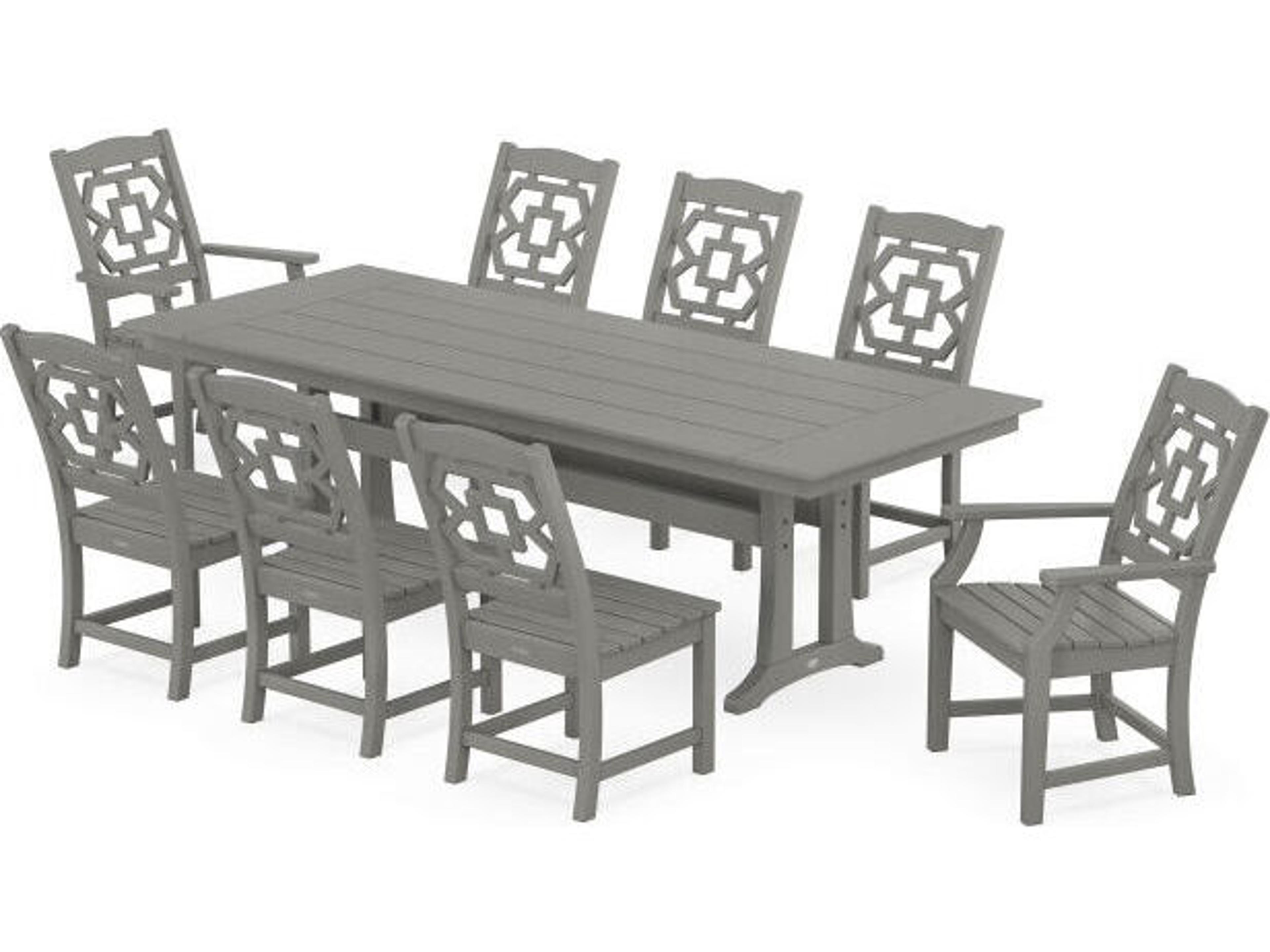 POLYWOOD® Martha Stewart Chinoiserie 9-Piece Farmhouse Patio Dining Set with Trestle Legs