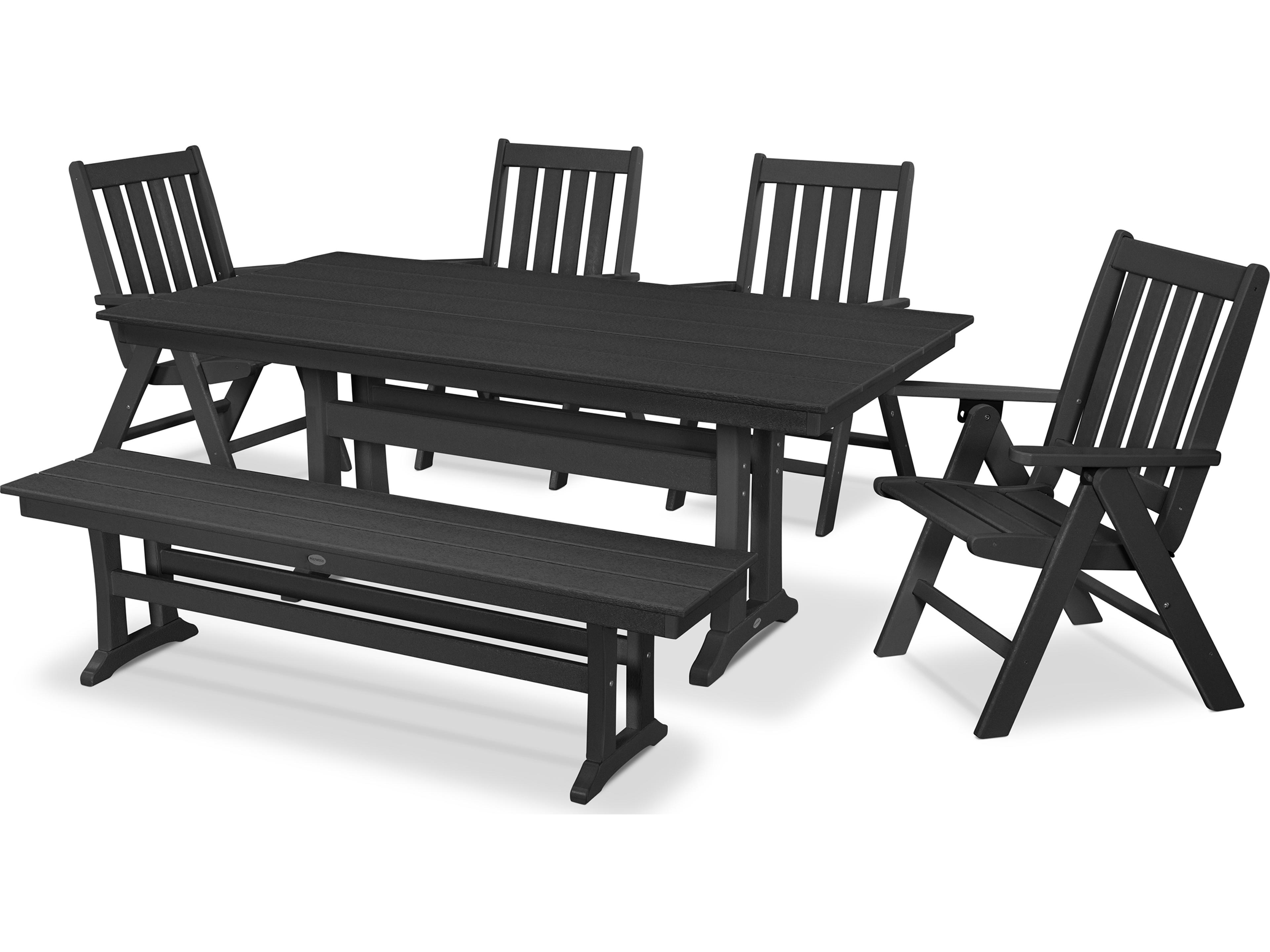 POLYWOOD® Vineyard Recycled Plastic 6 Piece Farmhouse Folding Outdoor Dining Set with Bench