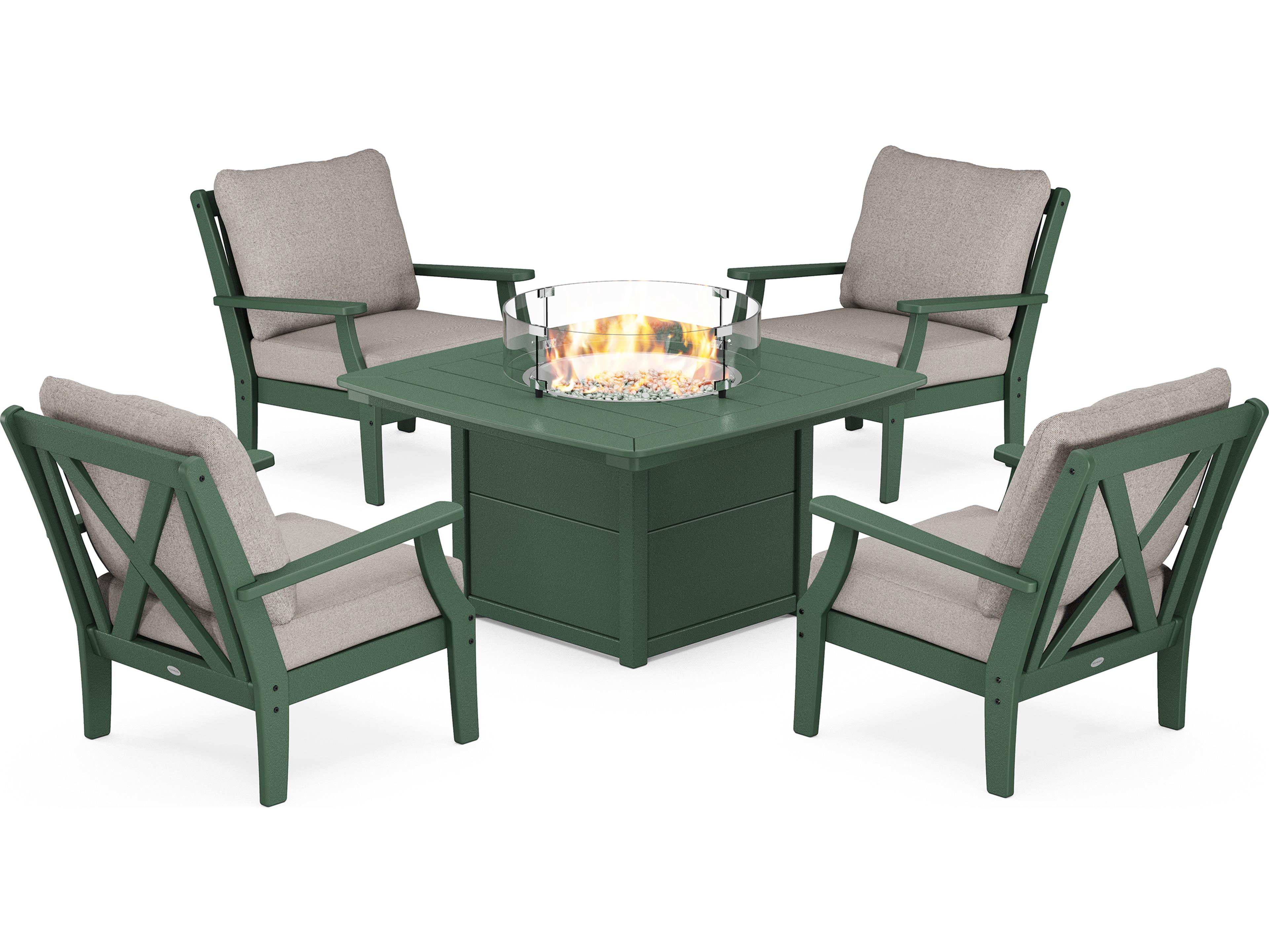 POLYWOOD® Braxton Recycled Plastic 5 Piece Deep Seating Firepit Outdoor Patio Lounge Set