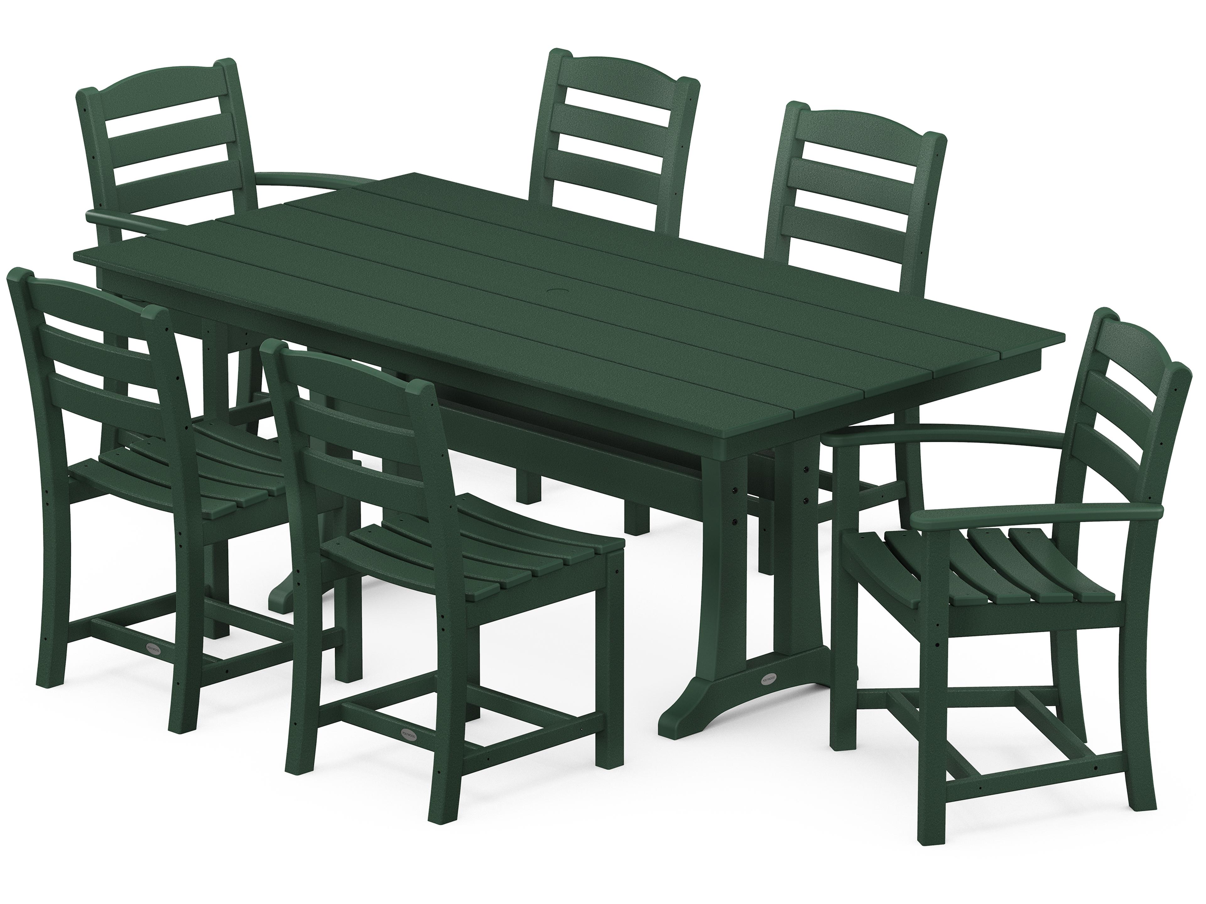 POLYWOOD® La Casa Cafe Recycled Plastic 7 Piece Farmhouse Trestle Outdoor Patio Dining Set in Green