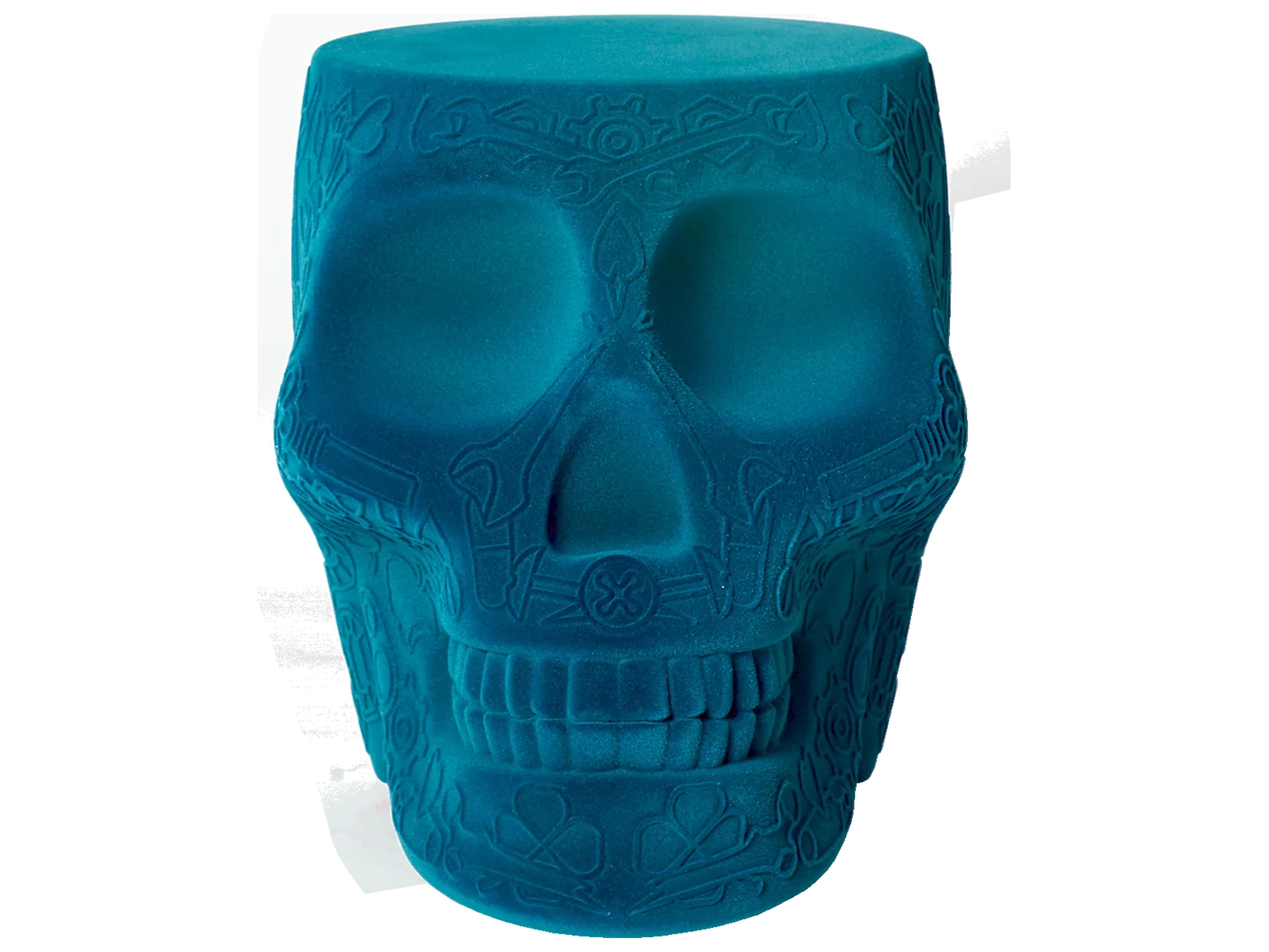 Qeeboo Mexico Light Blue Velvet Upholstered Accent Stool and Side Table