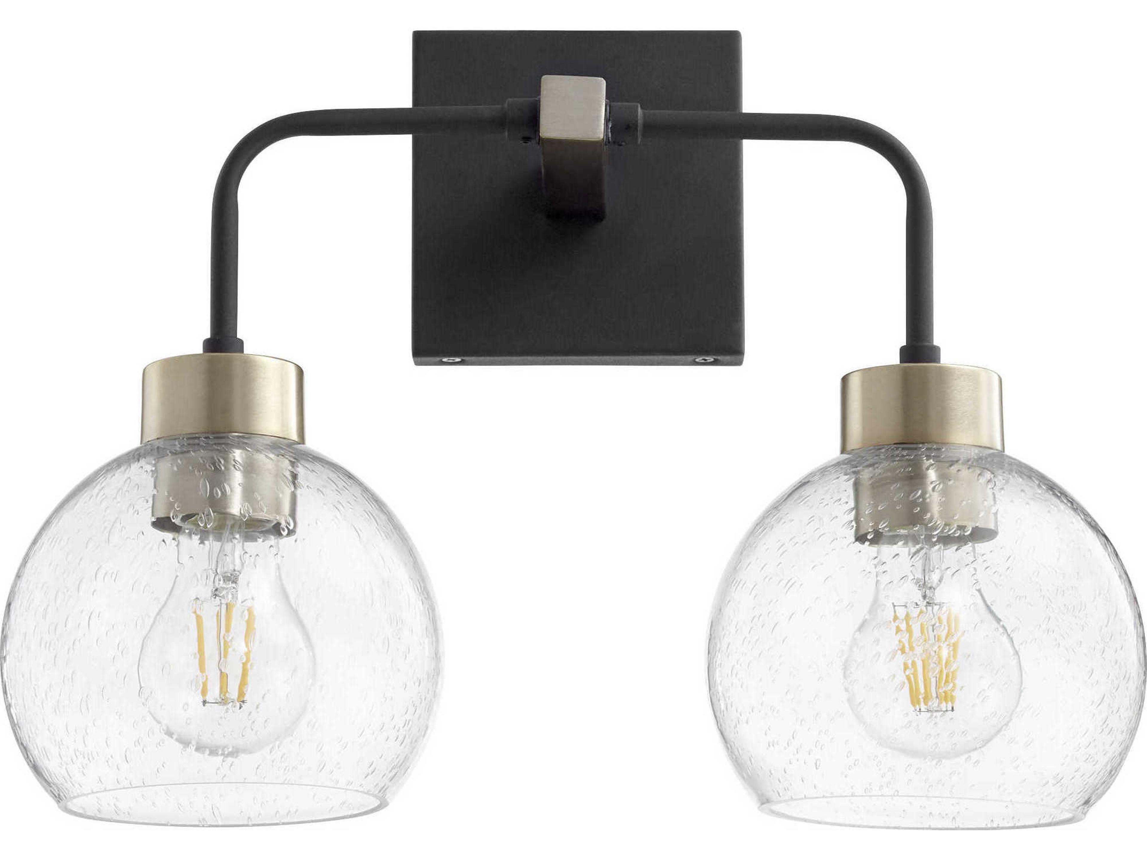 Quorum Lacy 2-Light Noir With Aged Brass Black Glass Vanity Light