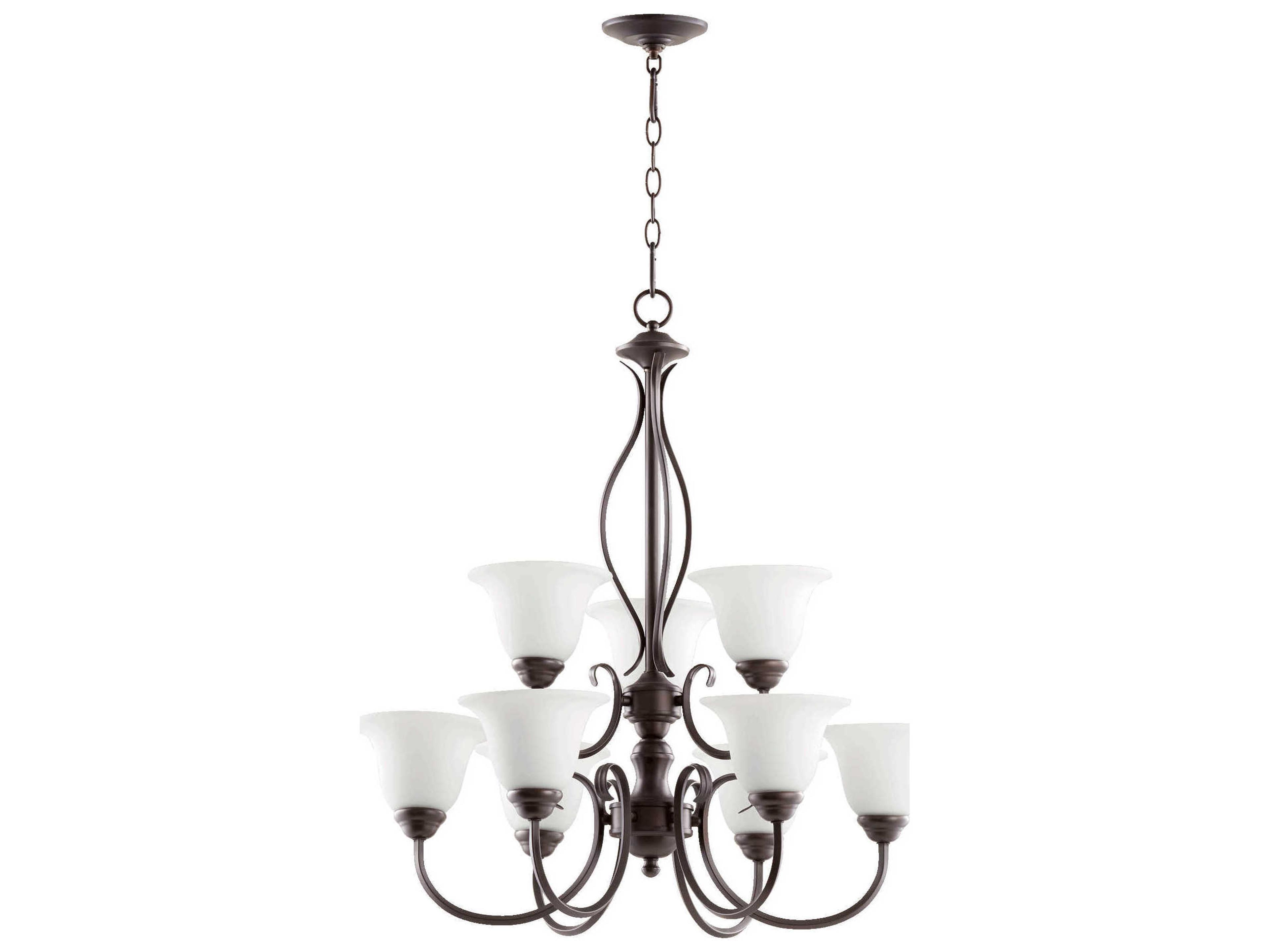 Quorum Spencer 9-Light Oiled Bronze With Satin Opal Glass Bell Tiered Chandelier
