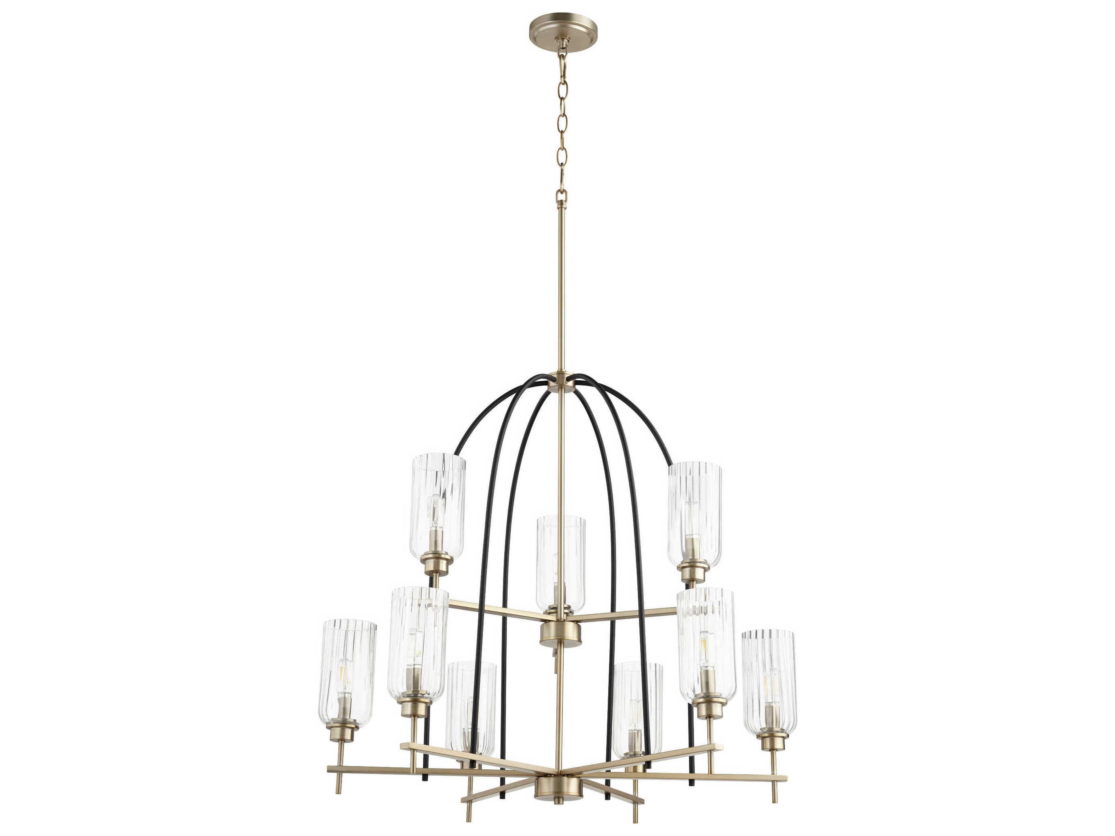 Quorum Espy 9-Light Textured Black W Aged Brass Glass Candelabra Cylinder Tiered Chandelier