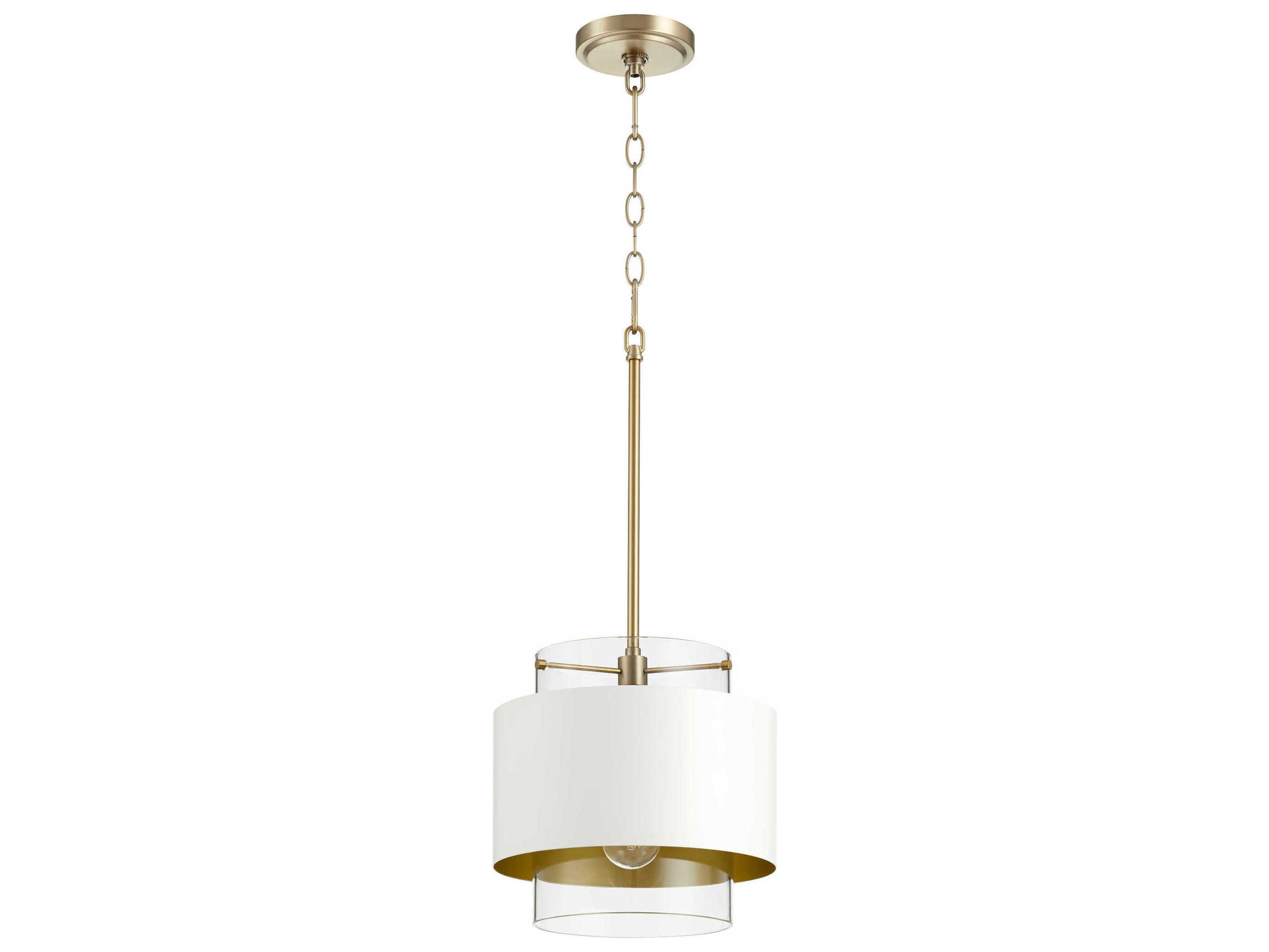 Quorum 1-Light Aged Brass With Studio White Glass Cylinder Mini Pendant