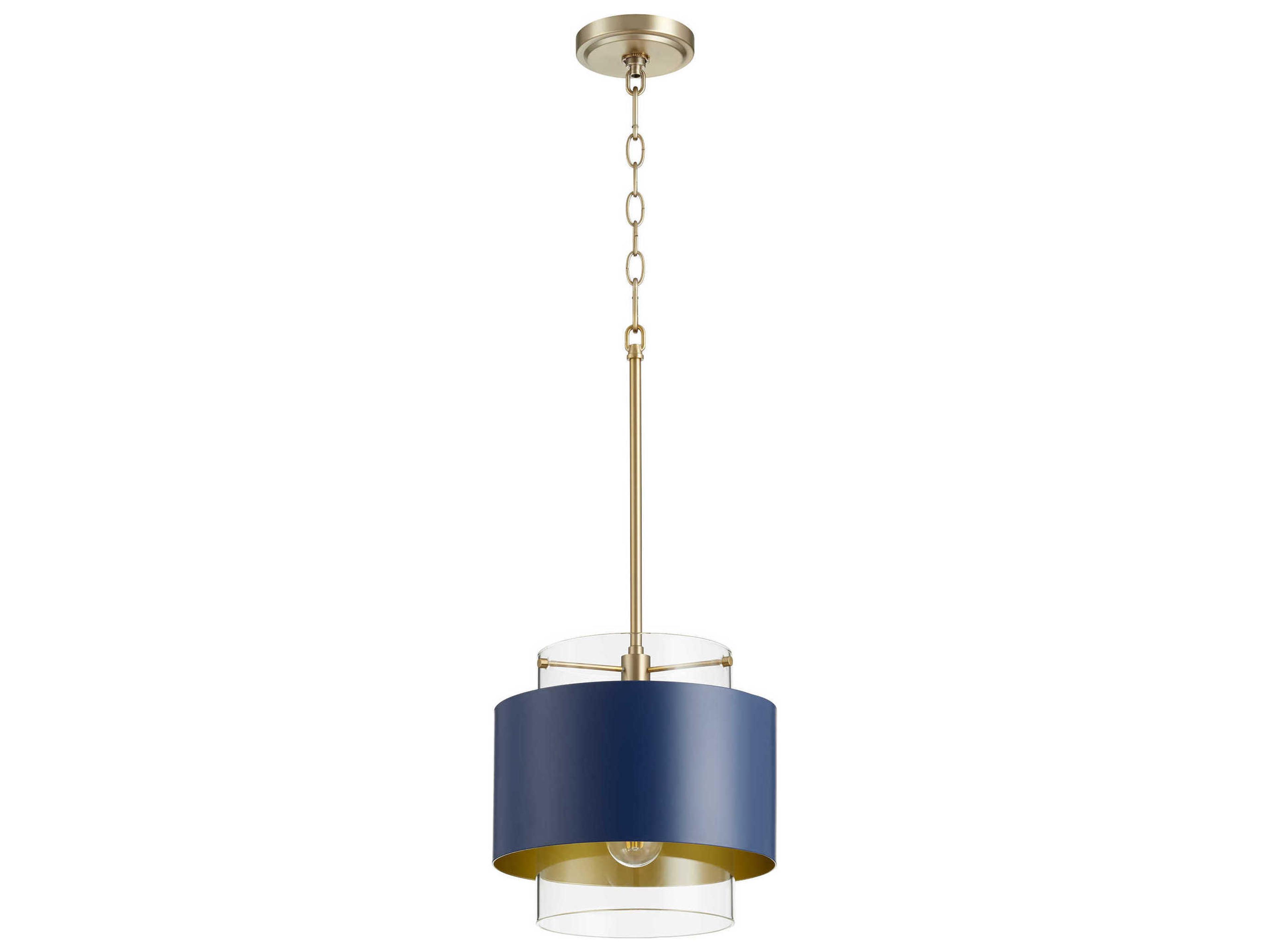 Quorum 1-Light Aged Brass With Blue Glass Cylinder Mini Pendant