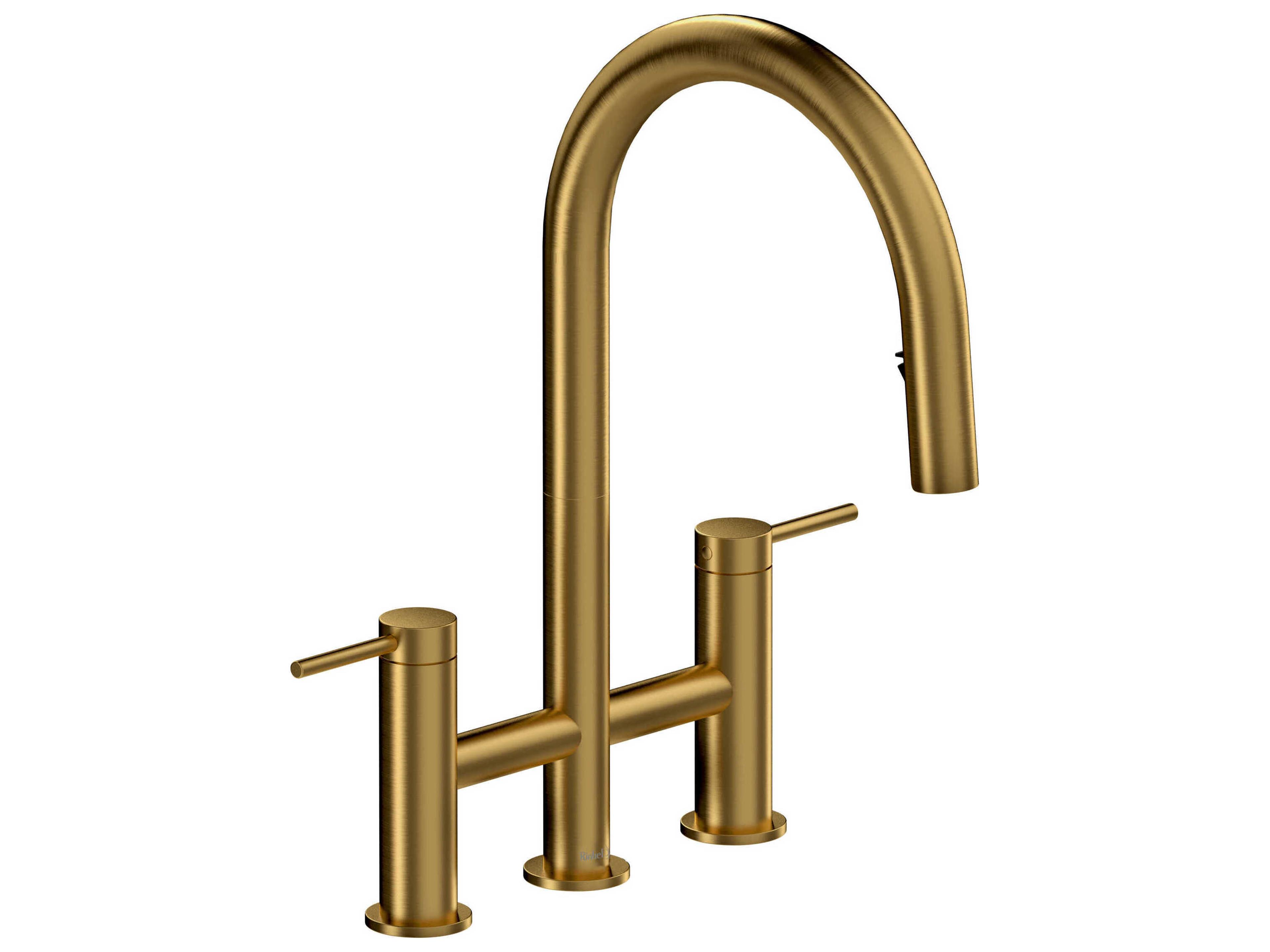 Riobel Azure Brushed Gold Bridge Pull-Down Kitchen Faucet with C-Spout