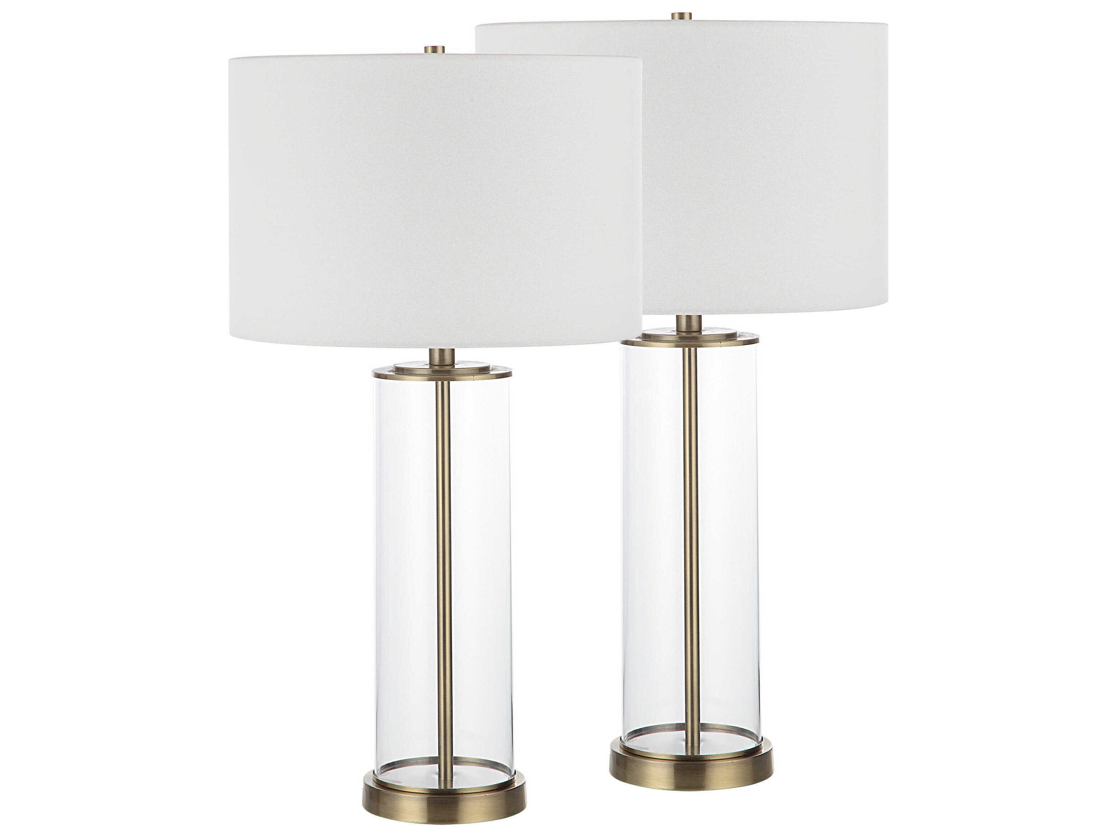 Renwil Saco Satin Brass Ivory Linen Buffet Lamp Set of 2
