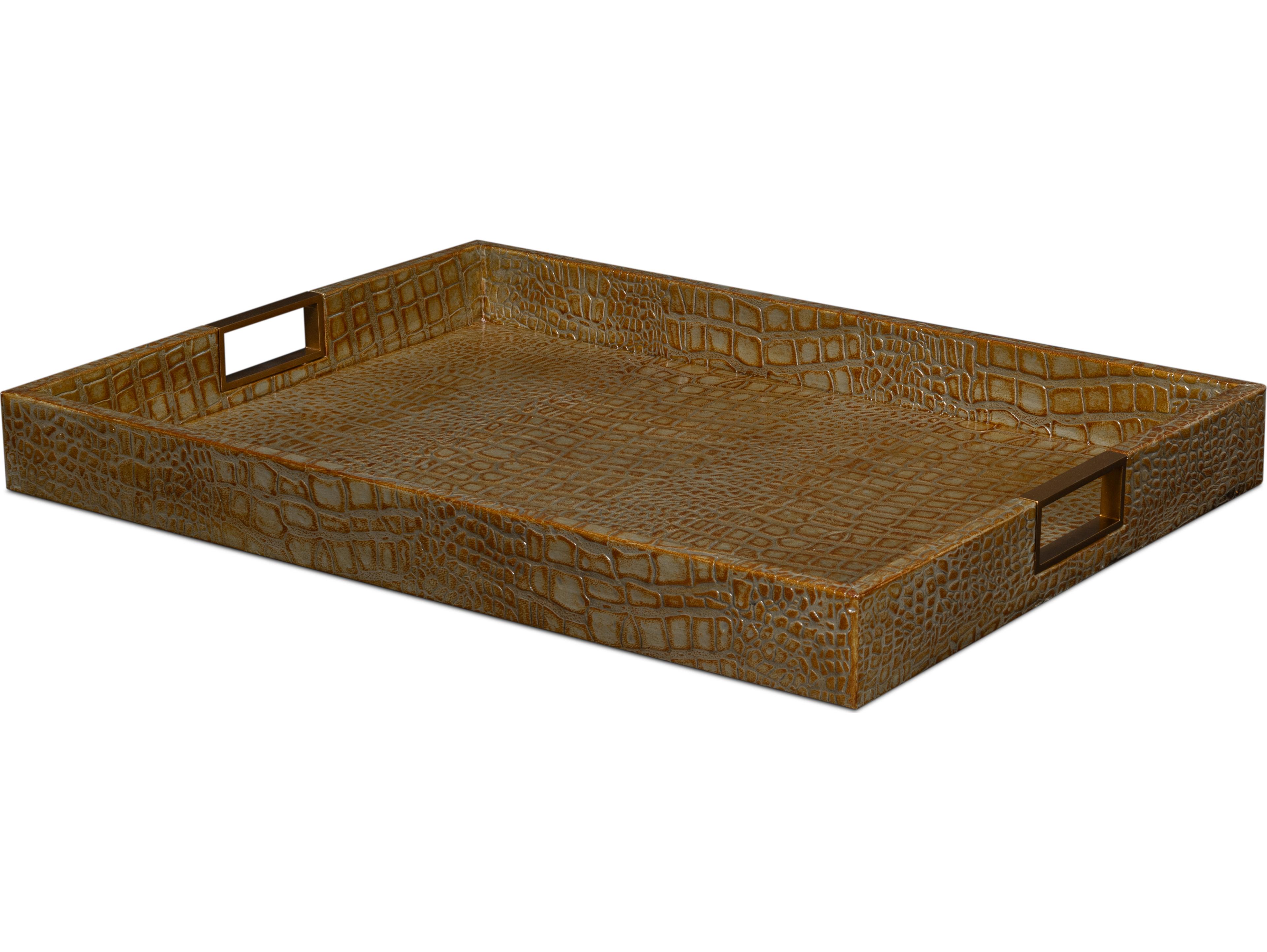 Sarreid Ltd Norton Leather Tray Croco Leather Antique Gray