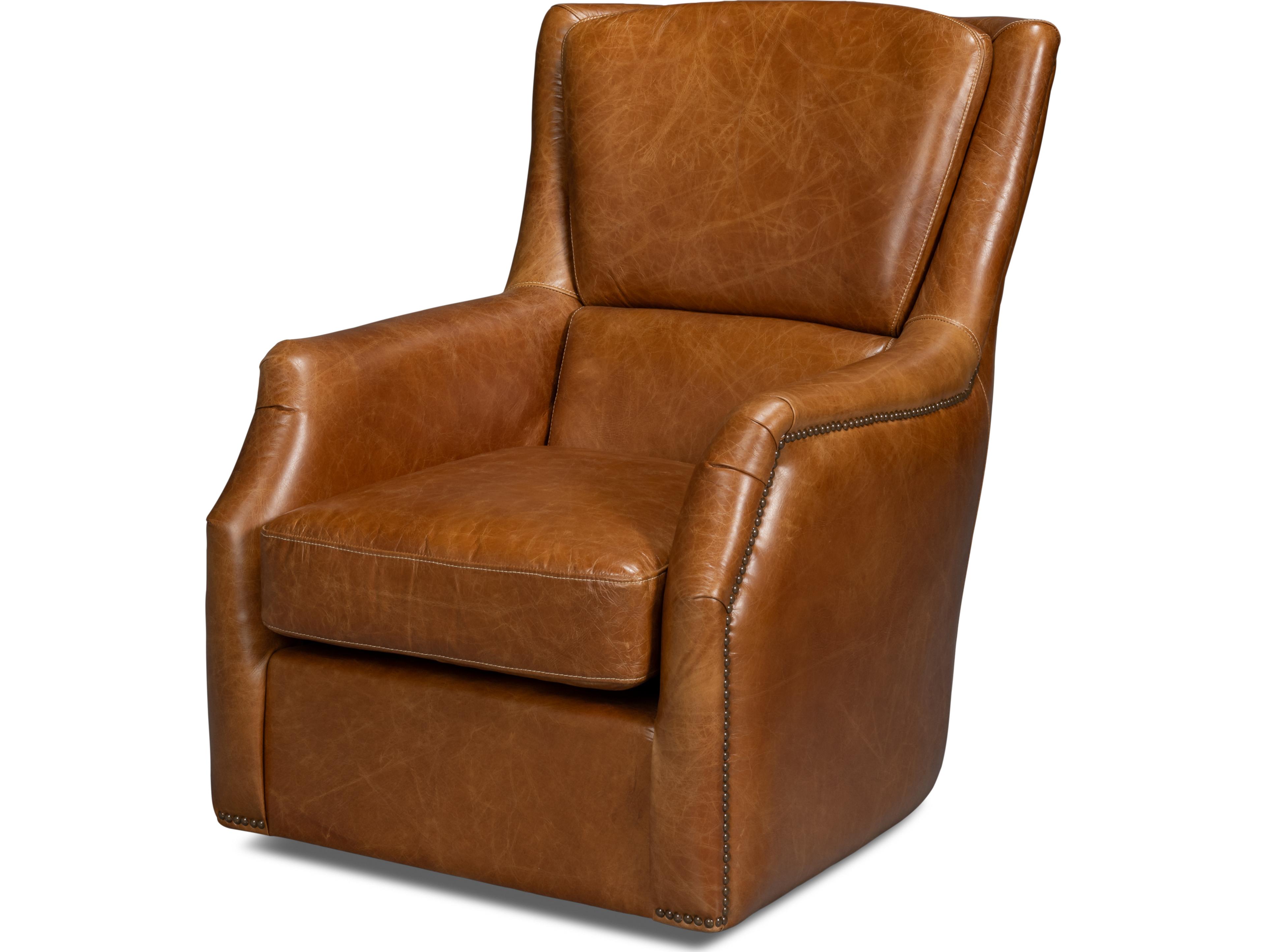 Sarreid Ltd Baker Leather Swivel Chair Cuba Brown