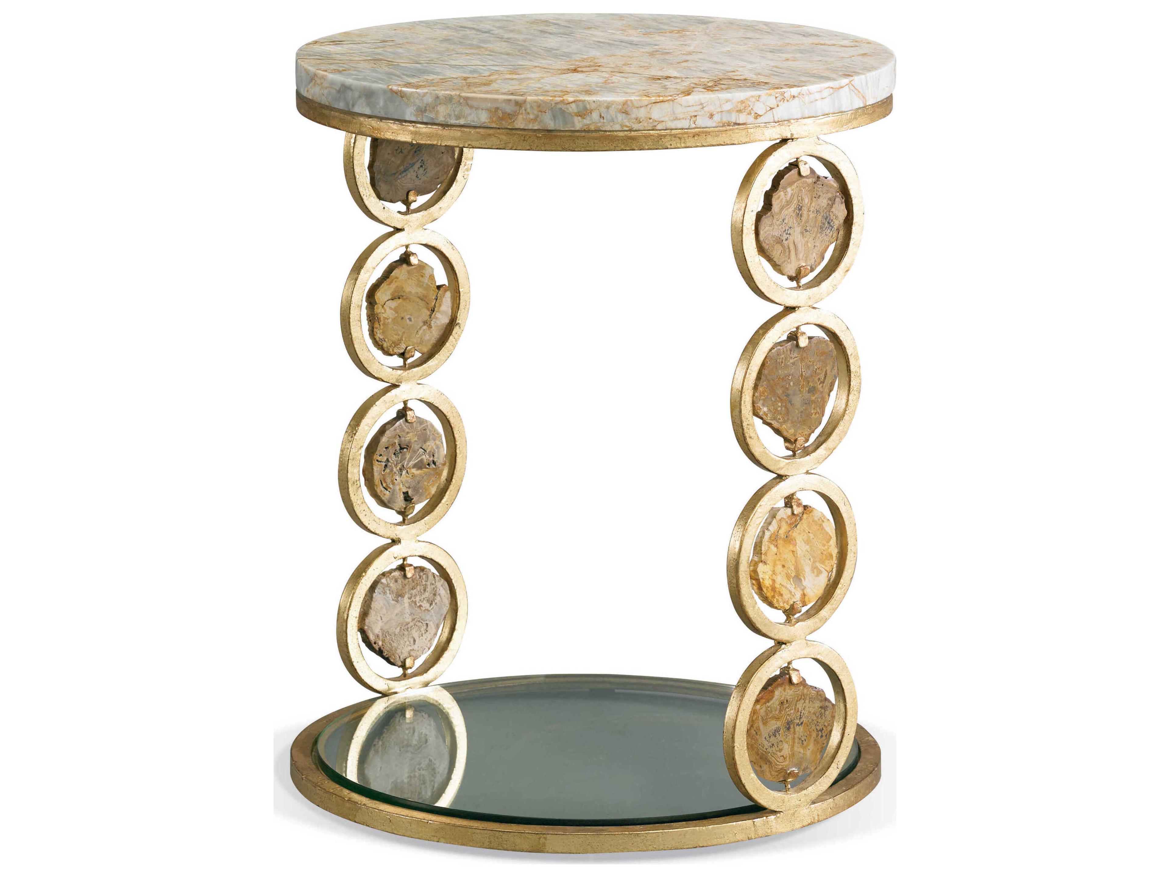 Sherrill Occasional Infinity Petrified Round Marble Antique Gold End Table
