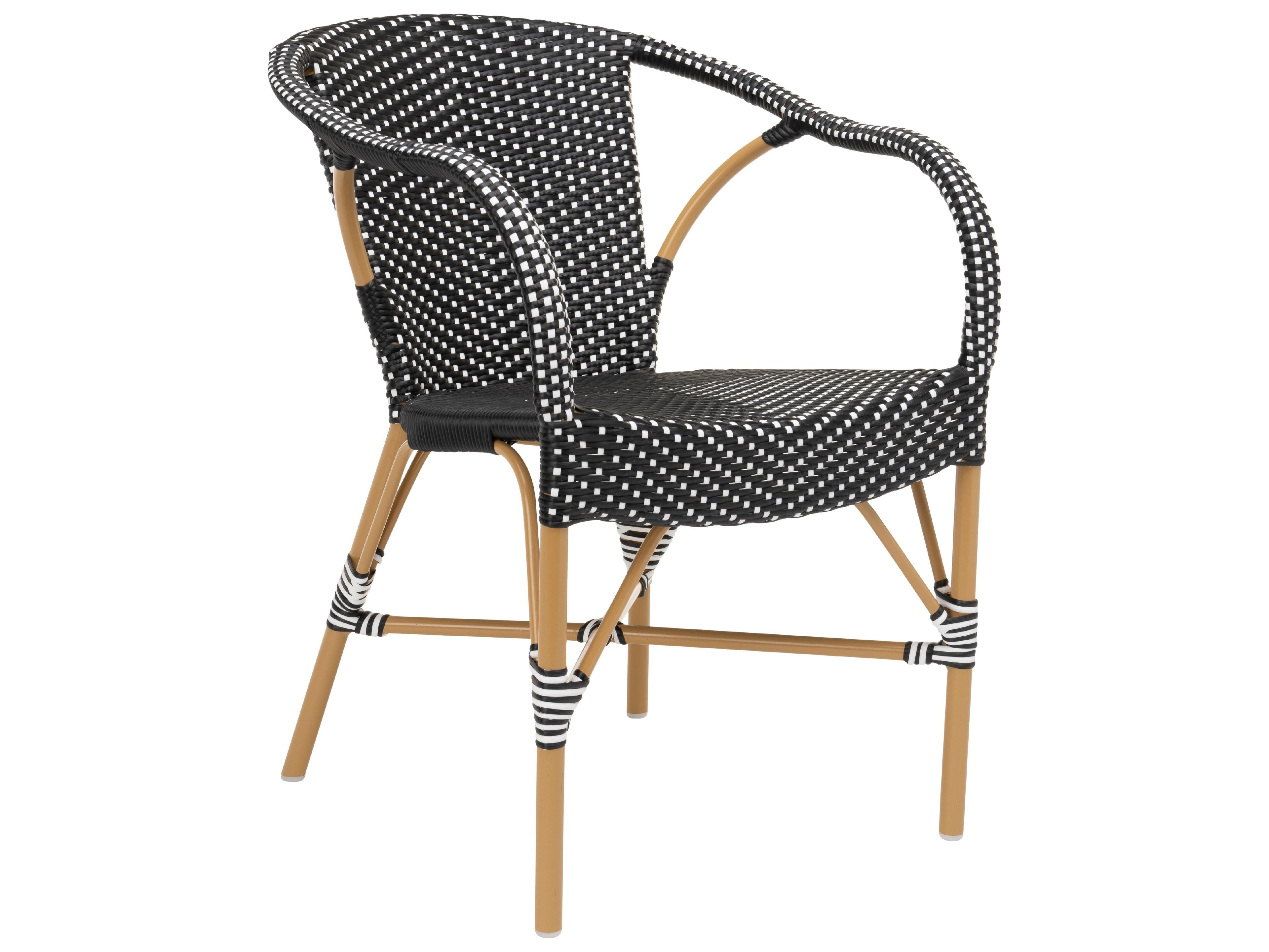 Sika Design Affaire Alu-Rattan Aluminum Wicker Almond Madeleine Stackable Outdoor Dining Arm Chair in Black with White Dots