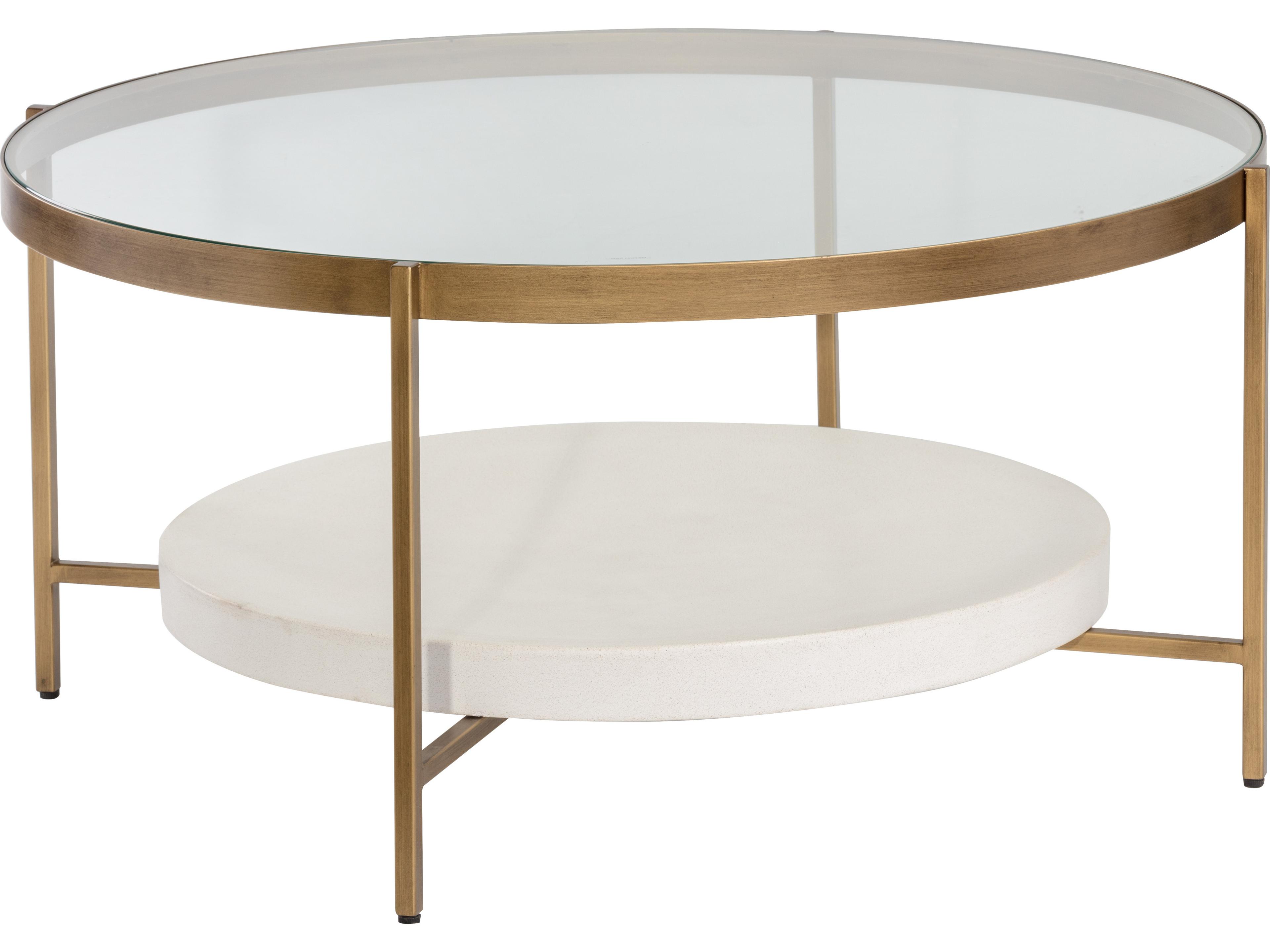 Sunpan Mixt Gia Round Glass White Antique Brass Coffee Table