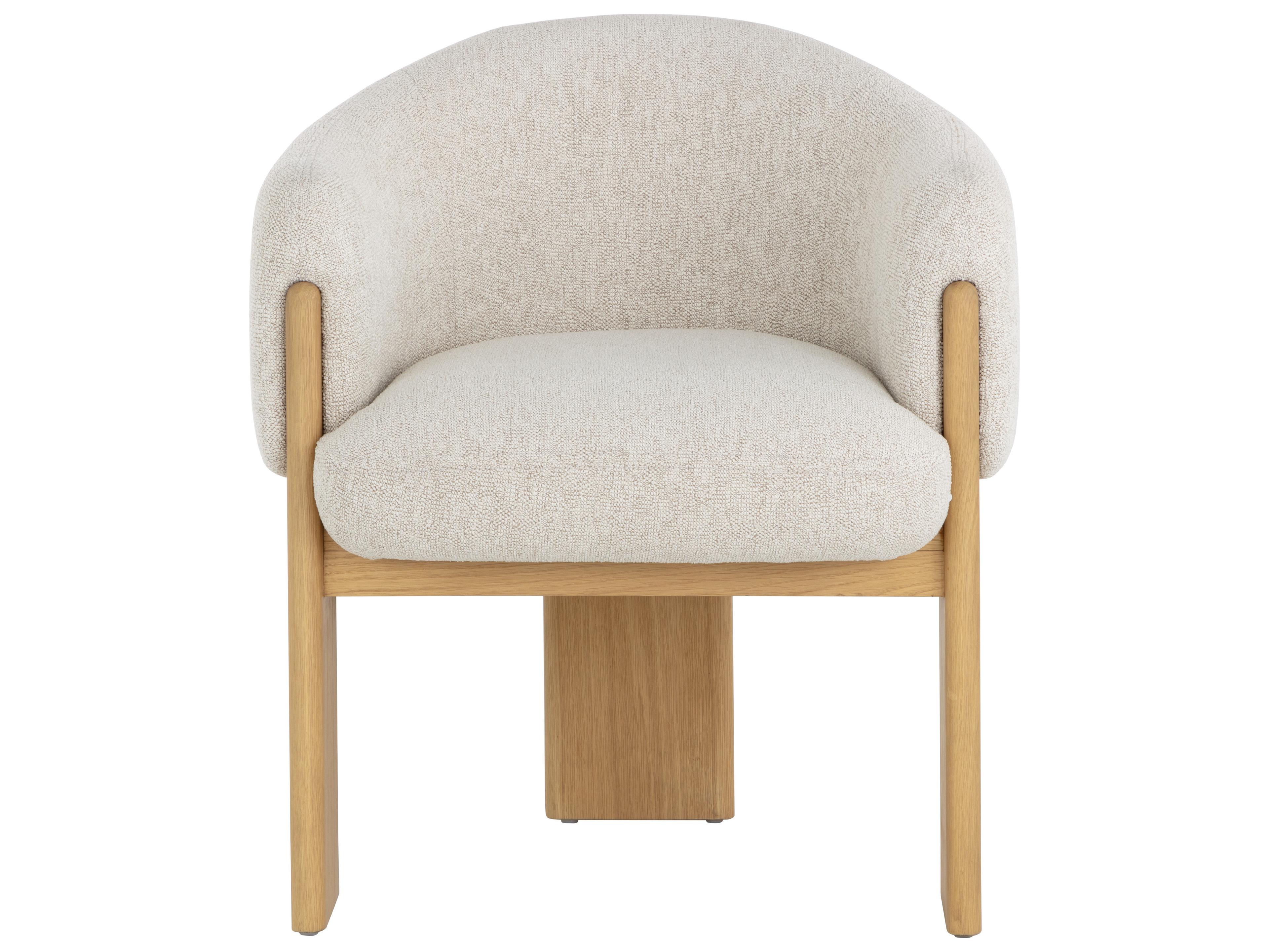 Sunpan Trine Oak Wood Beige Upholstered Arm Dining Chair