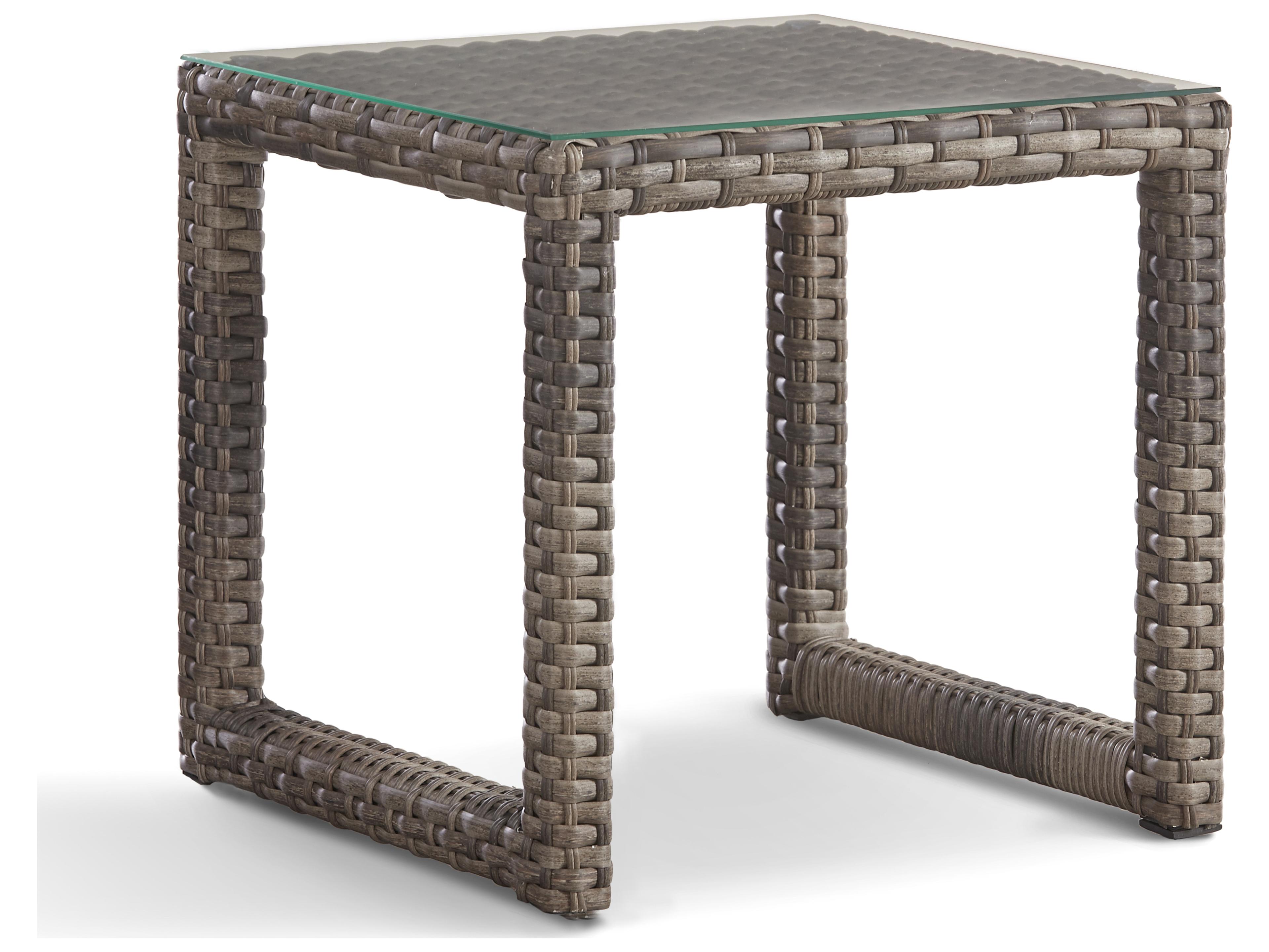 South Sea Rattan New Java Wicker Sandstone Square Glass Top Patio End Table