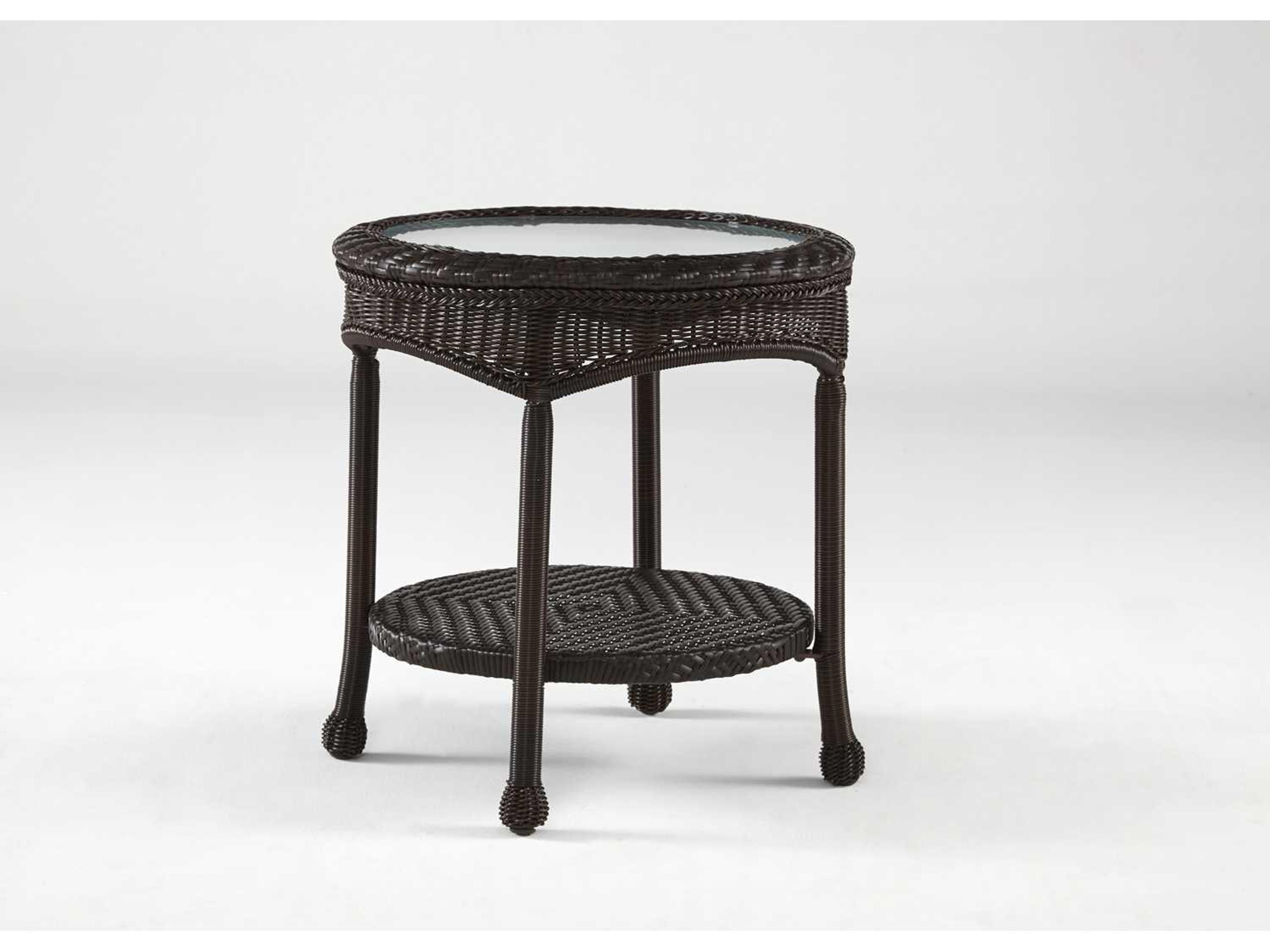 South Sea Rattan Key West Wicker Round Glass Top Outdoor End Table