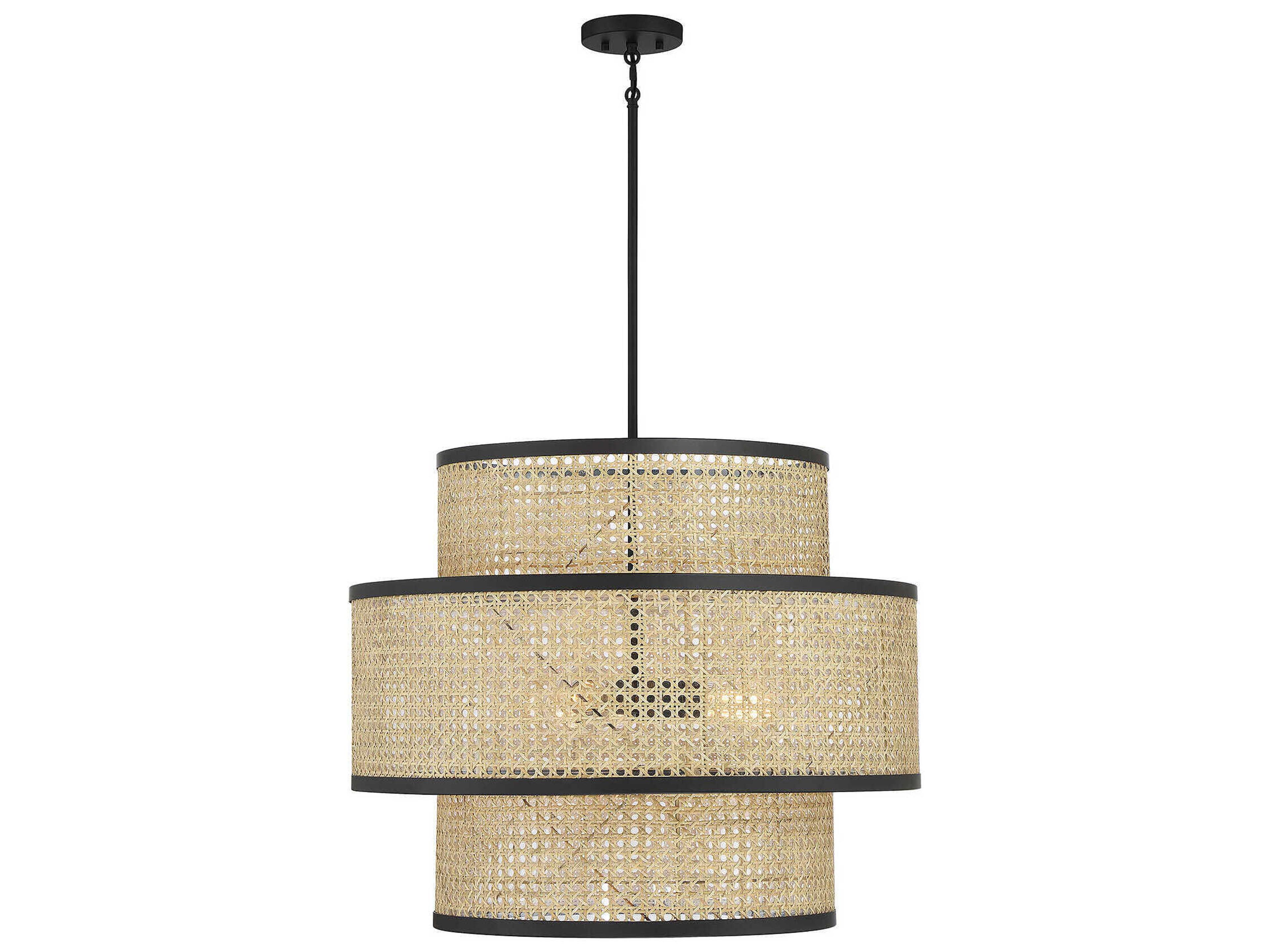Savoy House Meridian 3-Light Natural Cane Matte Black Drum Tiered Pendant