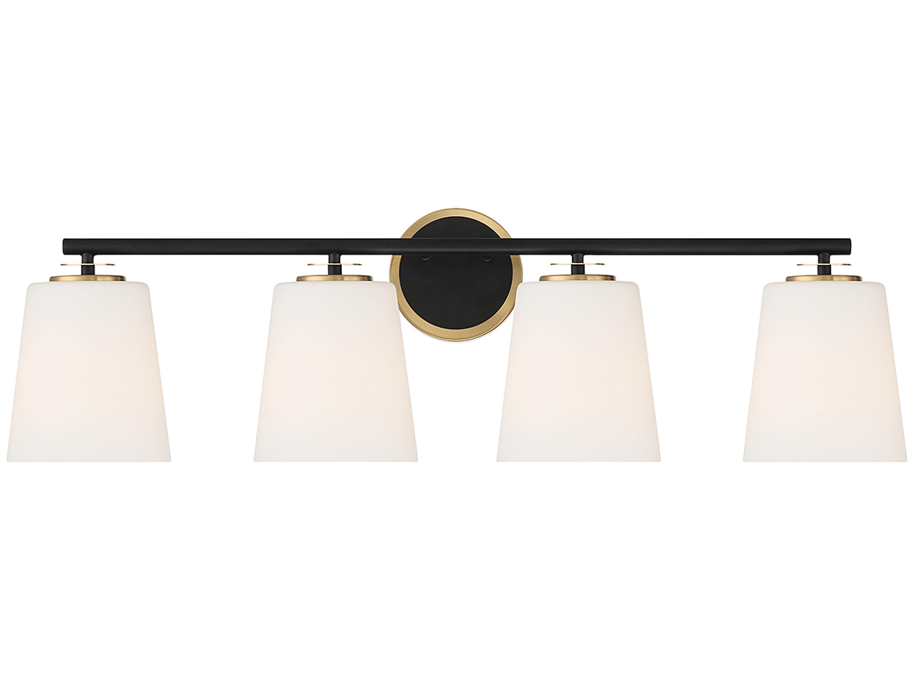 Savoy House Meridian 4-Light Matte Black Natural Brass Glass Vanity Light