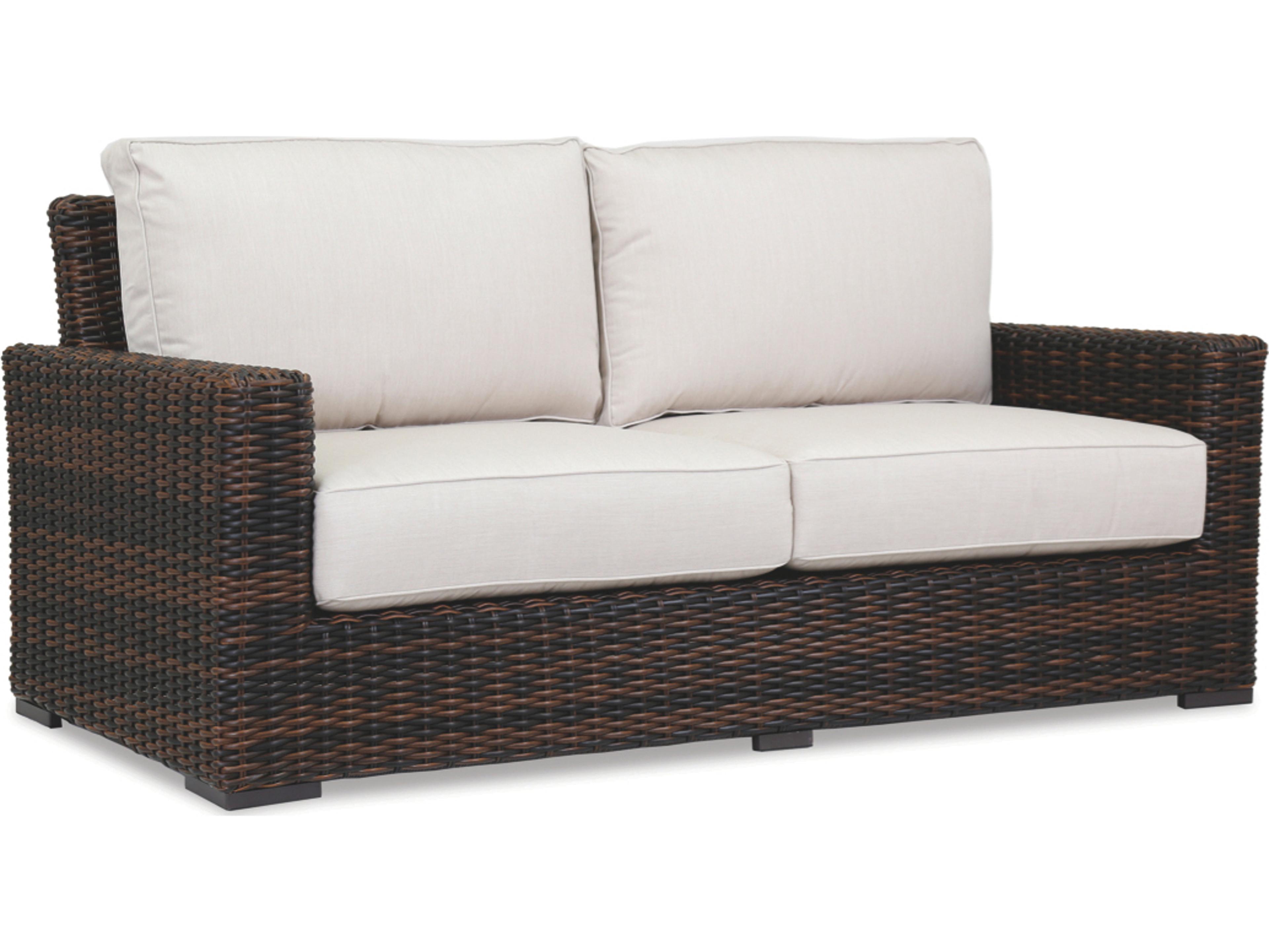 Sunset West Montecito Wicker Outdoor Loveseat in Canvas Flax with Self Welt