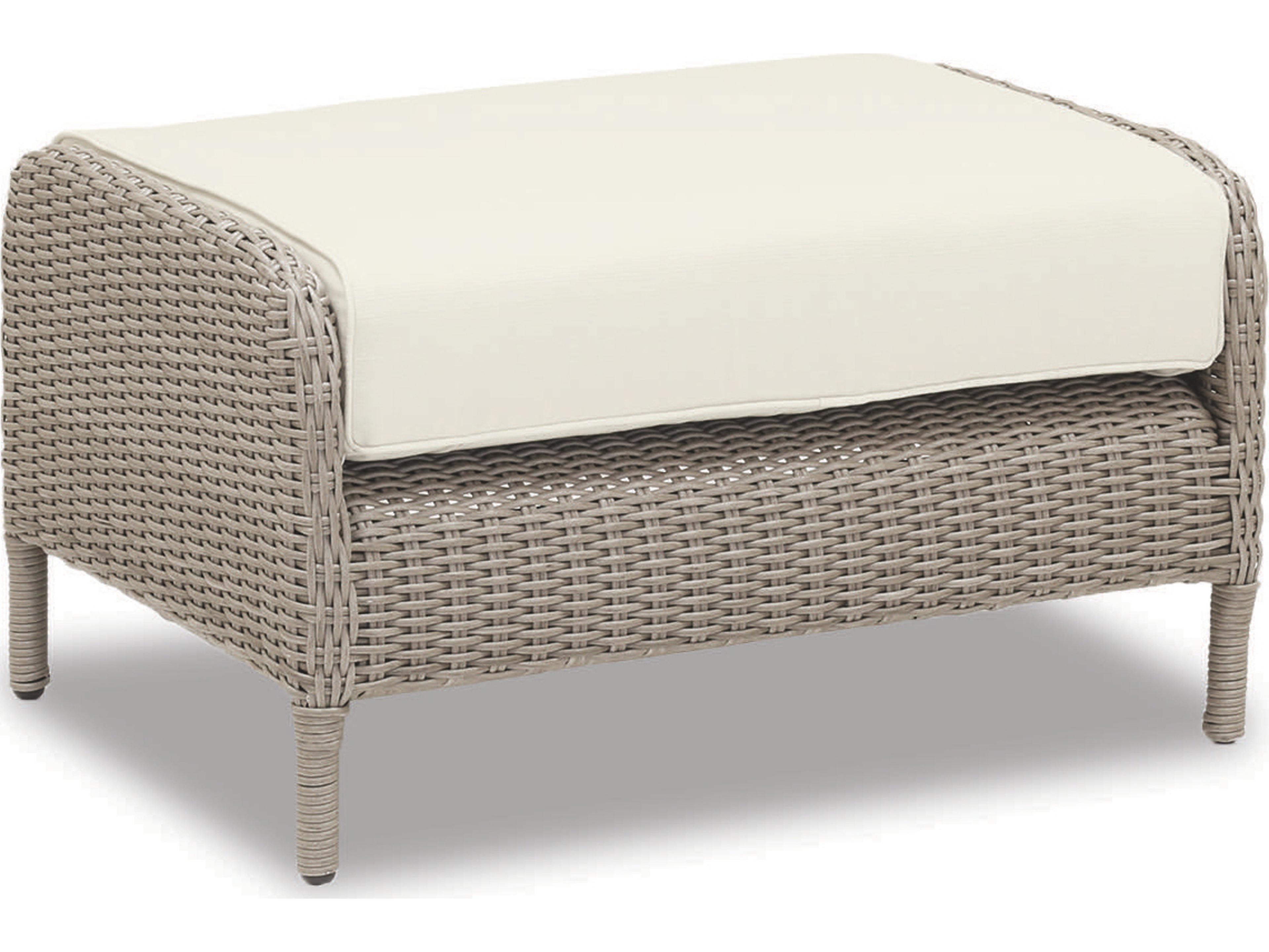 Sunset West Manhattan Wicker Outdoor Ottoman in Linen Canvas with Self Welt