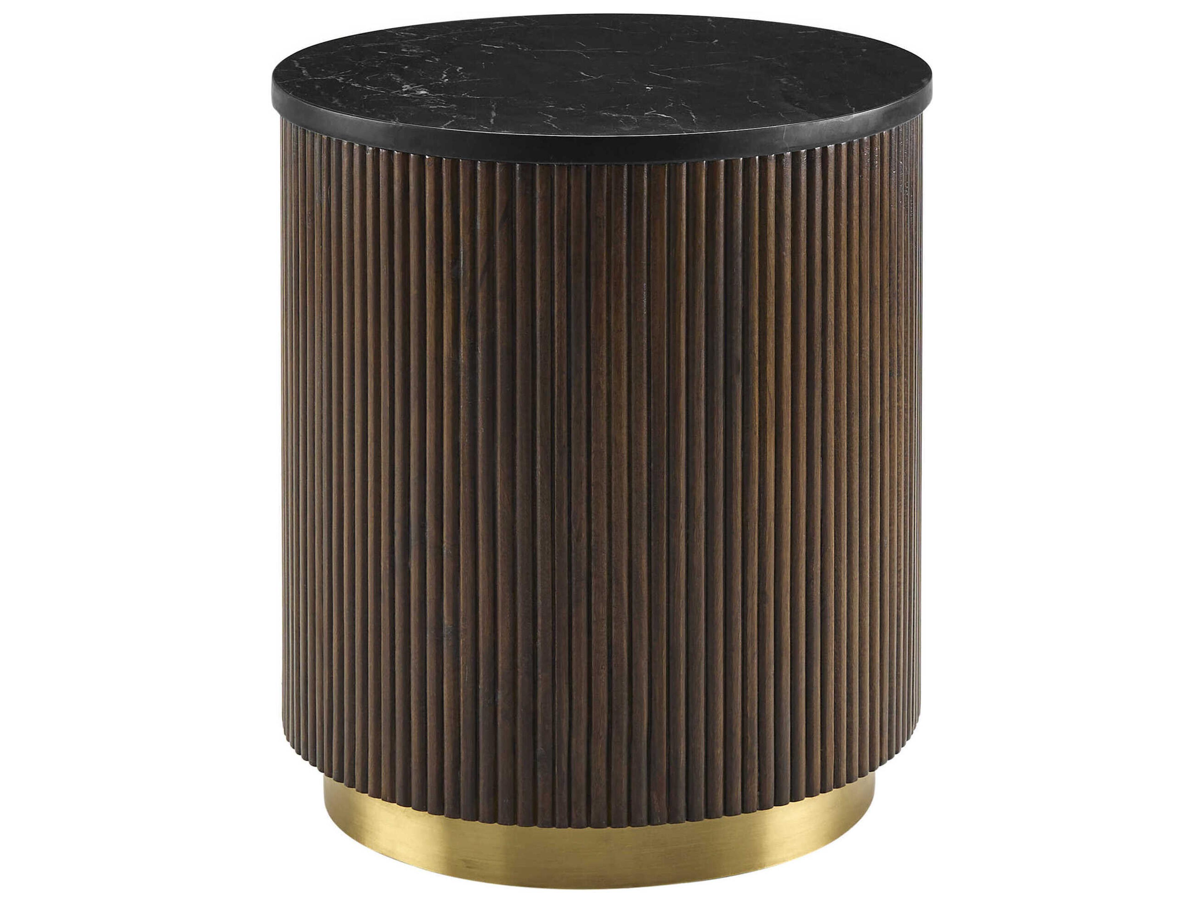 Surya Nems Round Marble Black Dark Brown Gold End Table