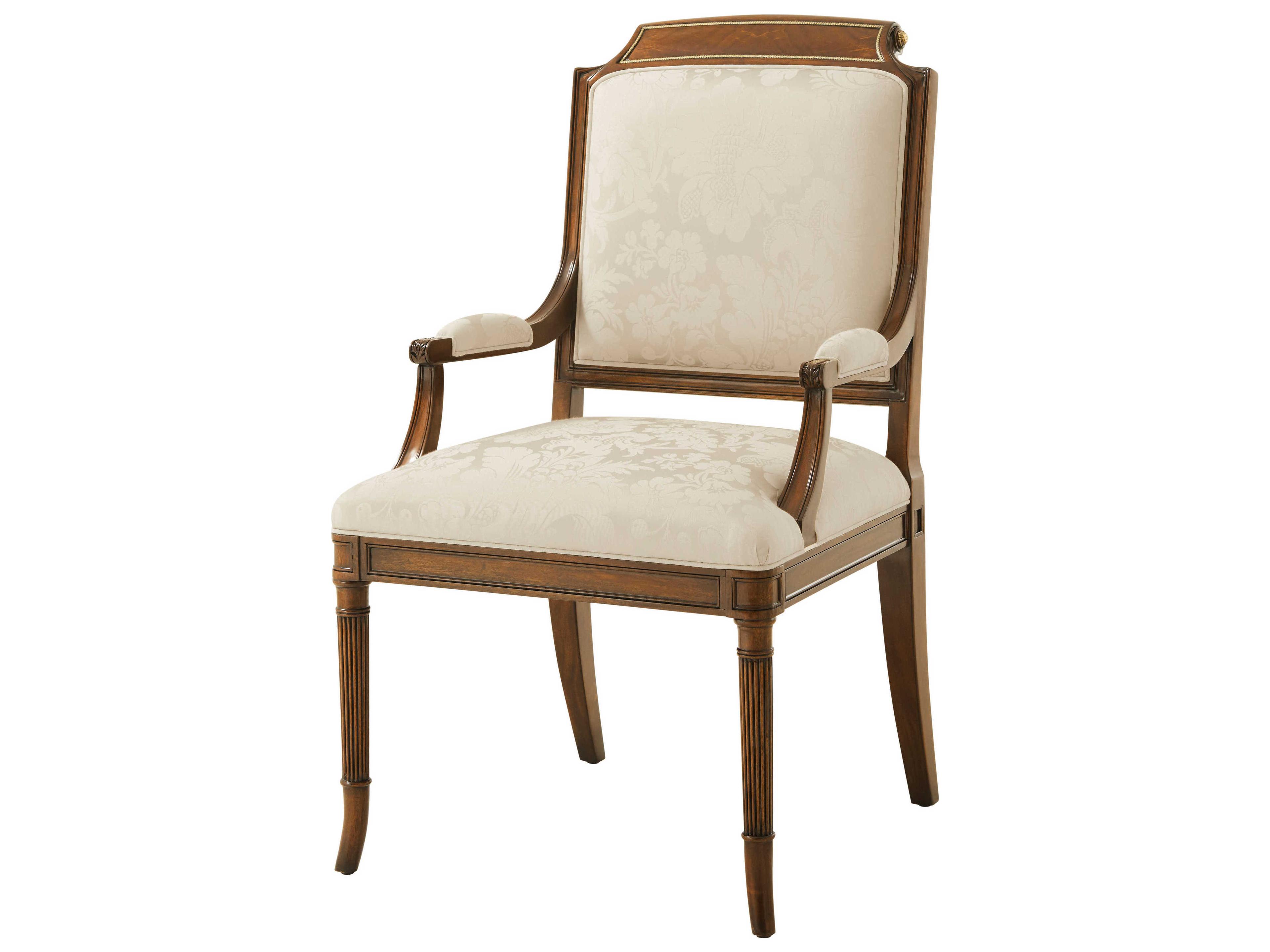 Theodore Alexander English Cabinet Maker Mahogany Wood Beige Upholstered Arm Dining Chair