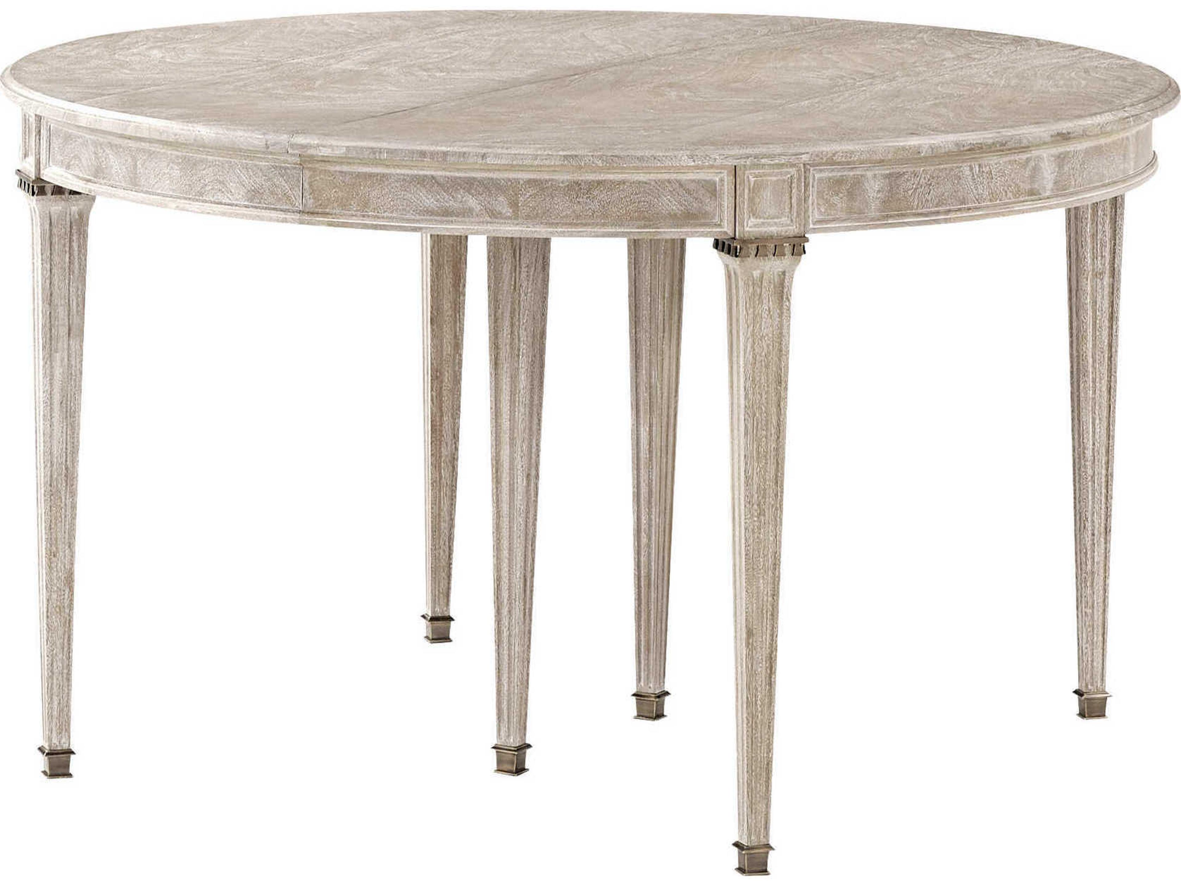 Theodore Alexander Composition Round Wood Vintage Natural Mahogany Swirl Veneer Brass Dining Table