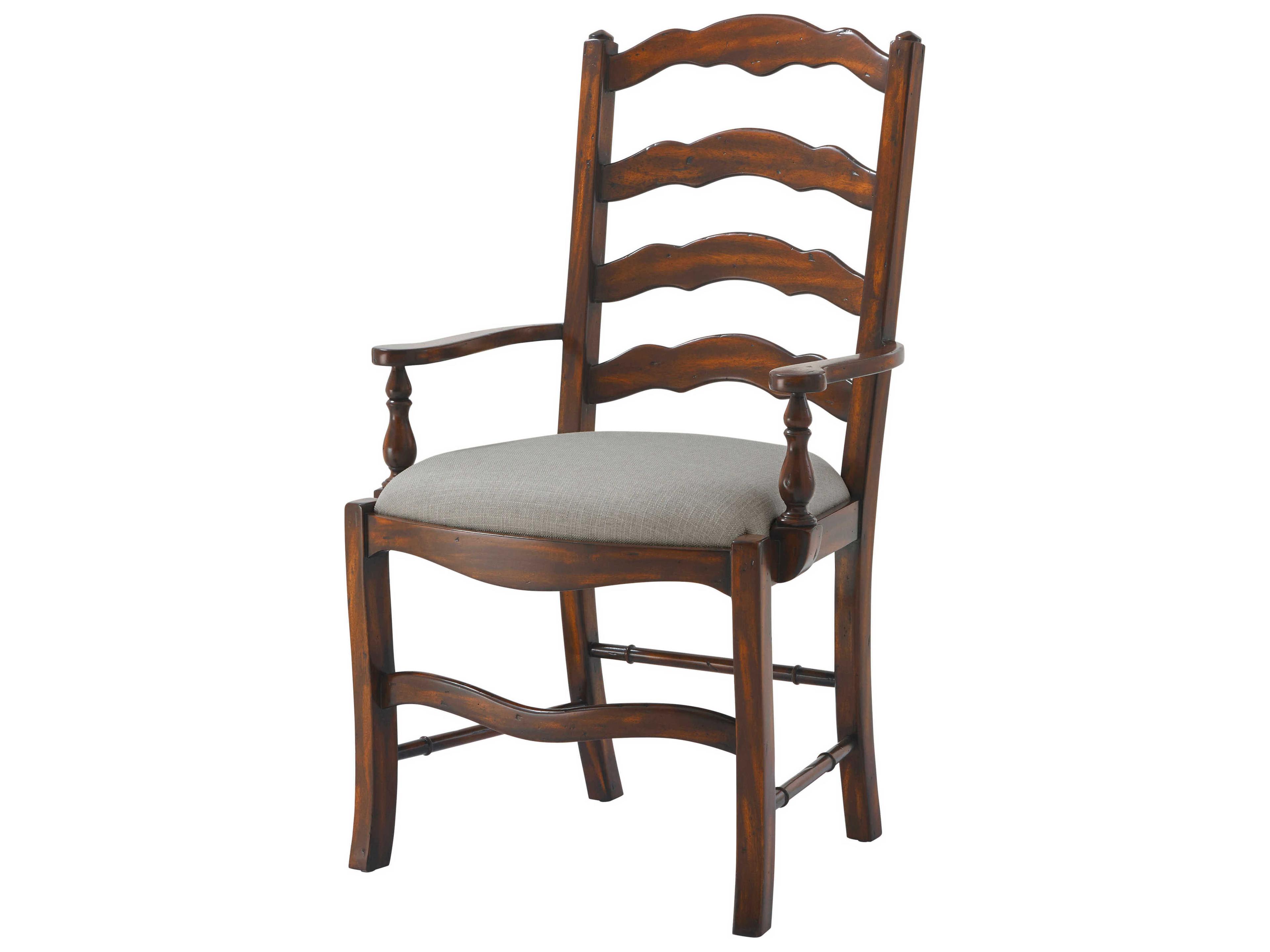 Theodore Alexander Castle Bromwich Mahogany Wood Brown Upholstered Evening with Friends Arm Dining Chair