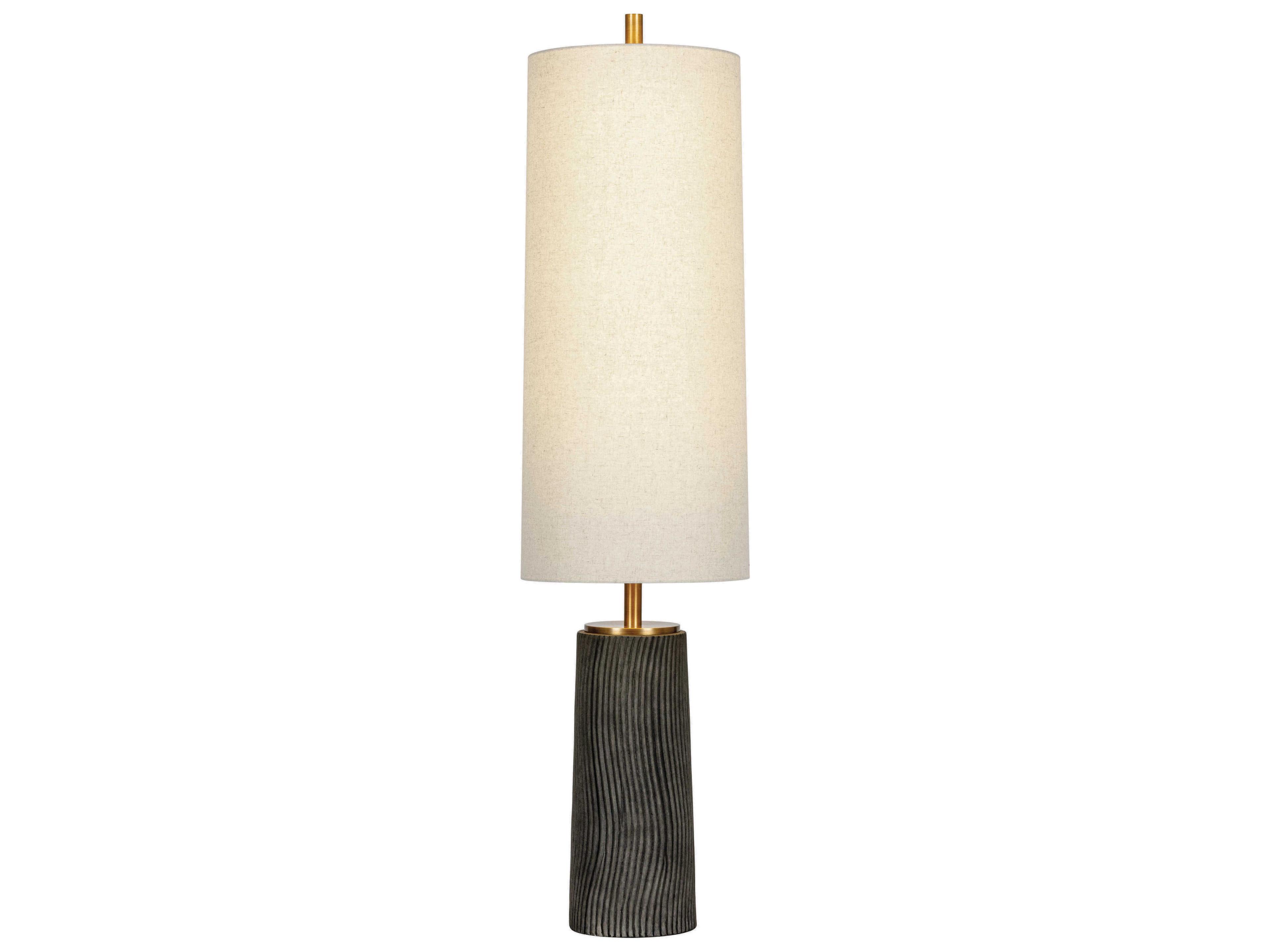 Troy Lighting Thane Patina Brass Ceramic Meditation Grey Natural Linen Fabric Floor Lamp