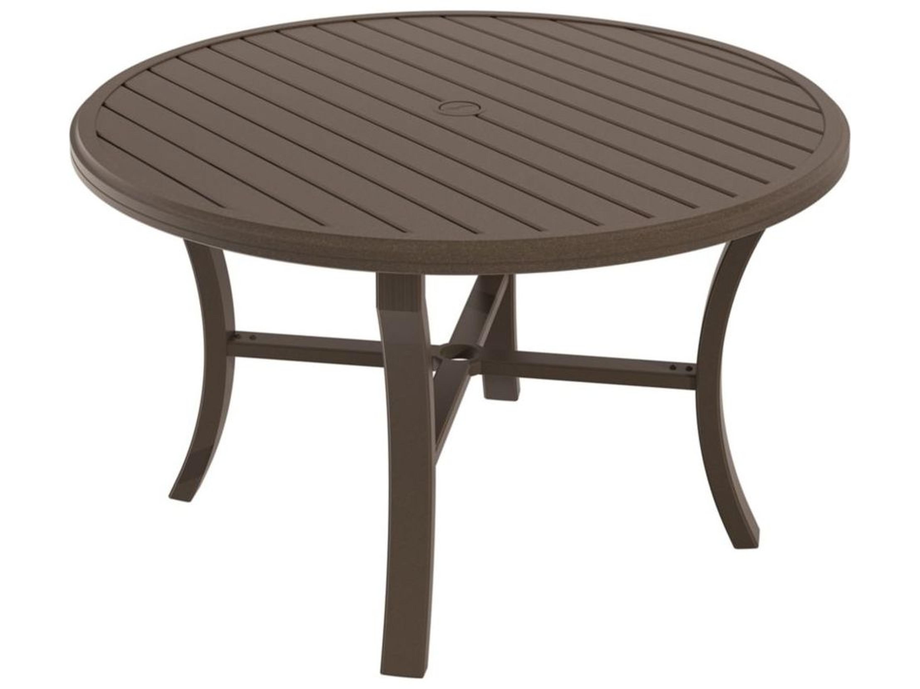 Tropitone Banchetto Slat Aluminum Round Outdoor Patio Dining Table with Umbrella Hole