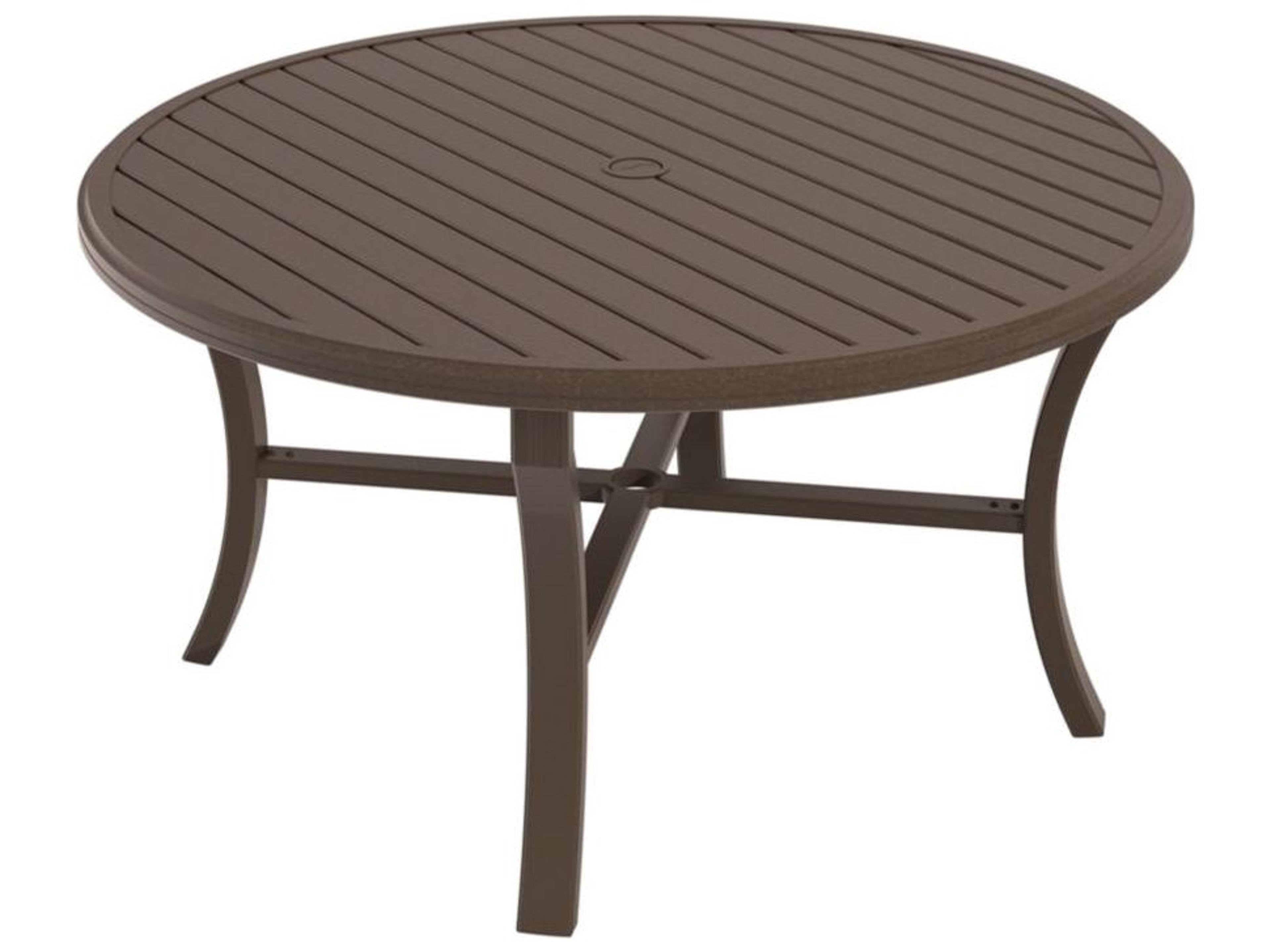 Tropitone Banchetto Slat Aluminum Round KD Patio Dining Table with Umbrella Hole