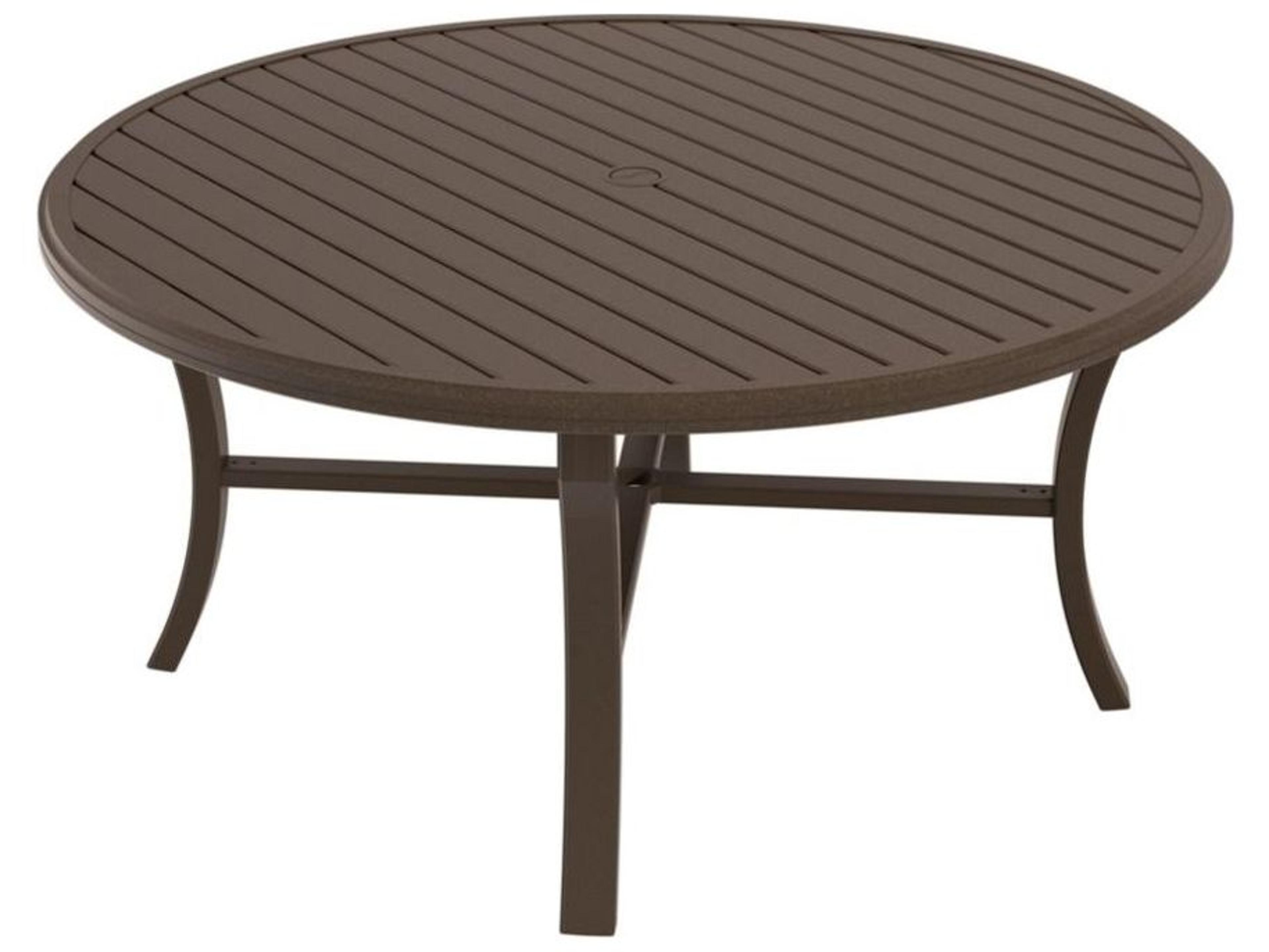 Tropitone Banchetto Slat Aluminum Round KD Outdoor Patio Dining Table with Umbrella Hole