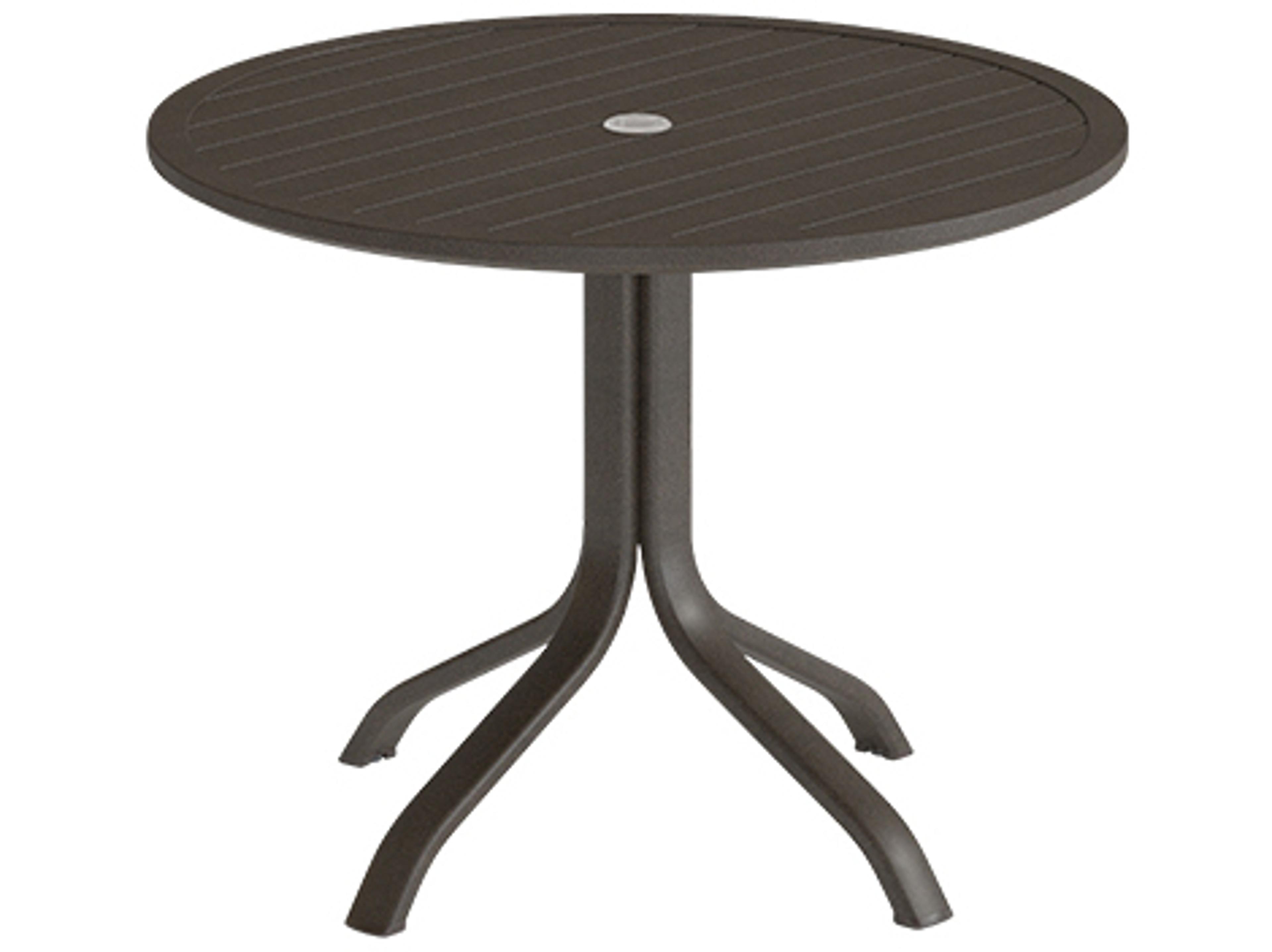 Tropitone Aluminum Slat Round KD Pedestal Patio Dining Table with Umbrella Hole
