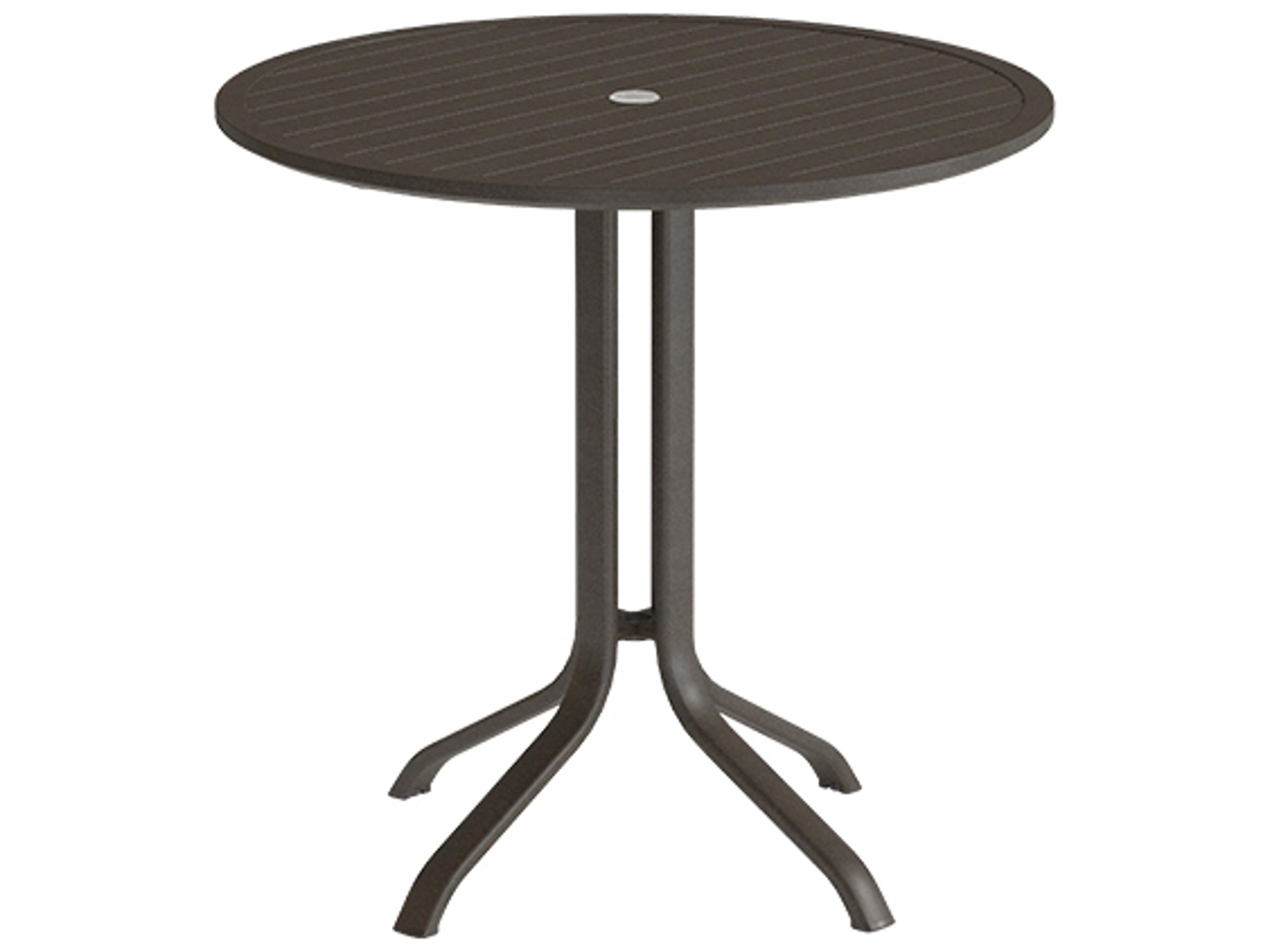 Tropitone Aluminum Slat Round KD Pedestal Patio Bar Height Table with Umbrella Hole