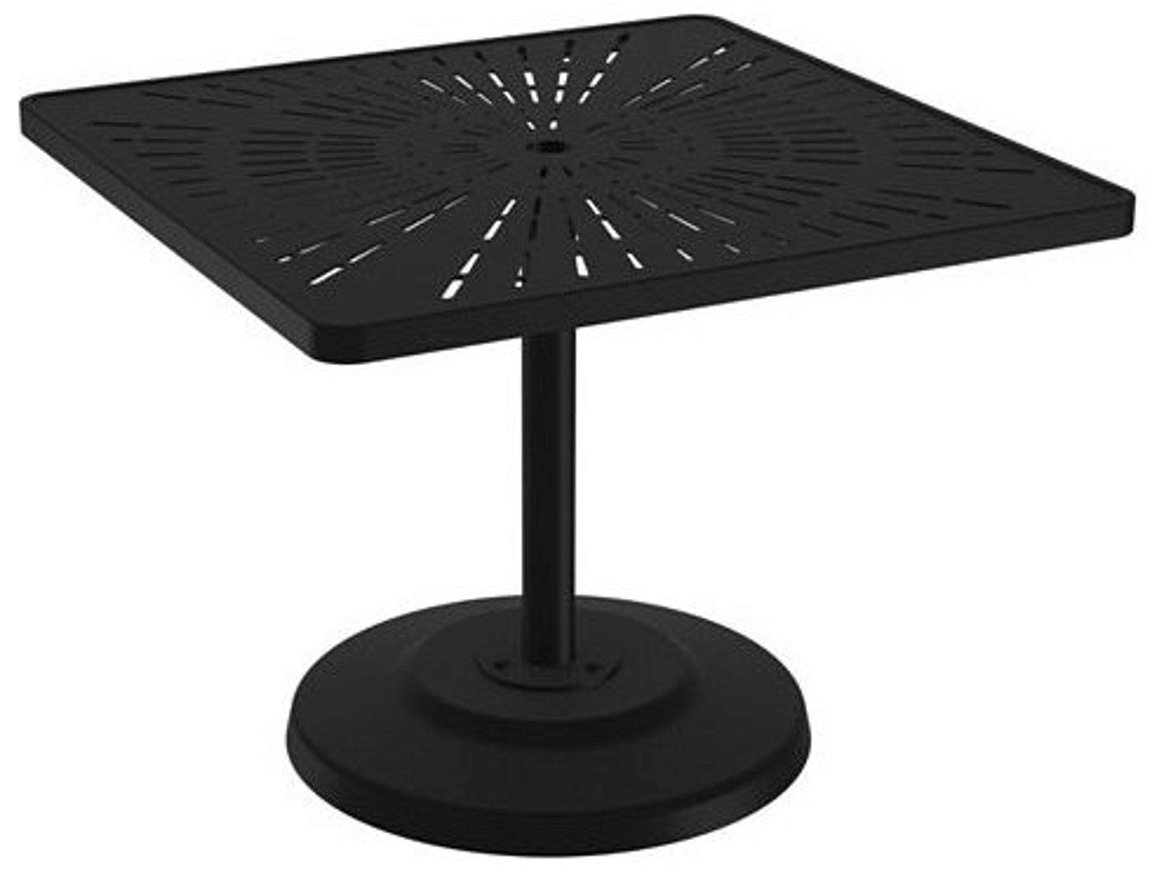 Tropitone La Stratta Aluminum Square KD Pedestal Outdoor Dining Table with Umbrella Hole