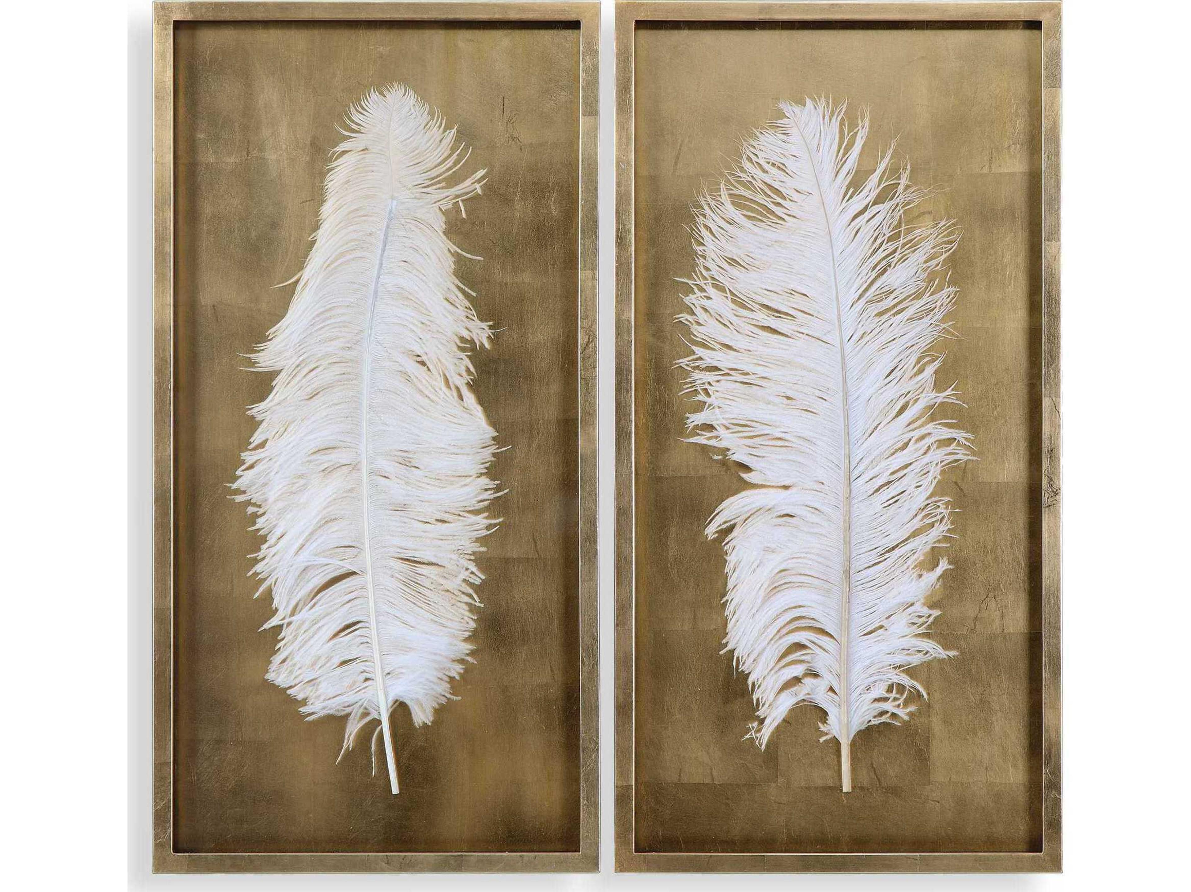 Uttermost White Feathers & Gold Leaf Shadow Box Set of 2