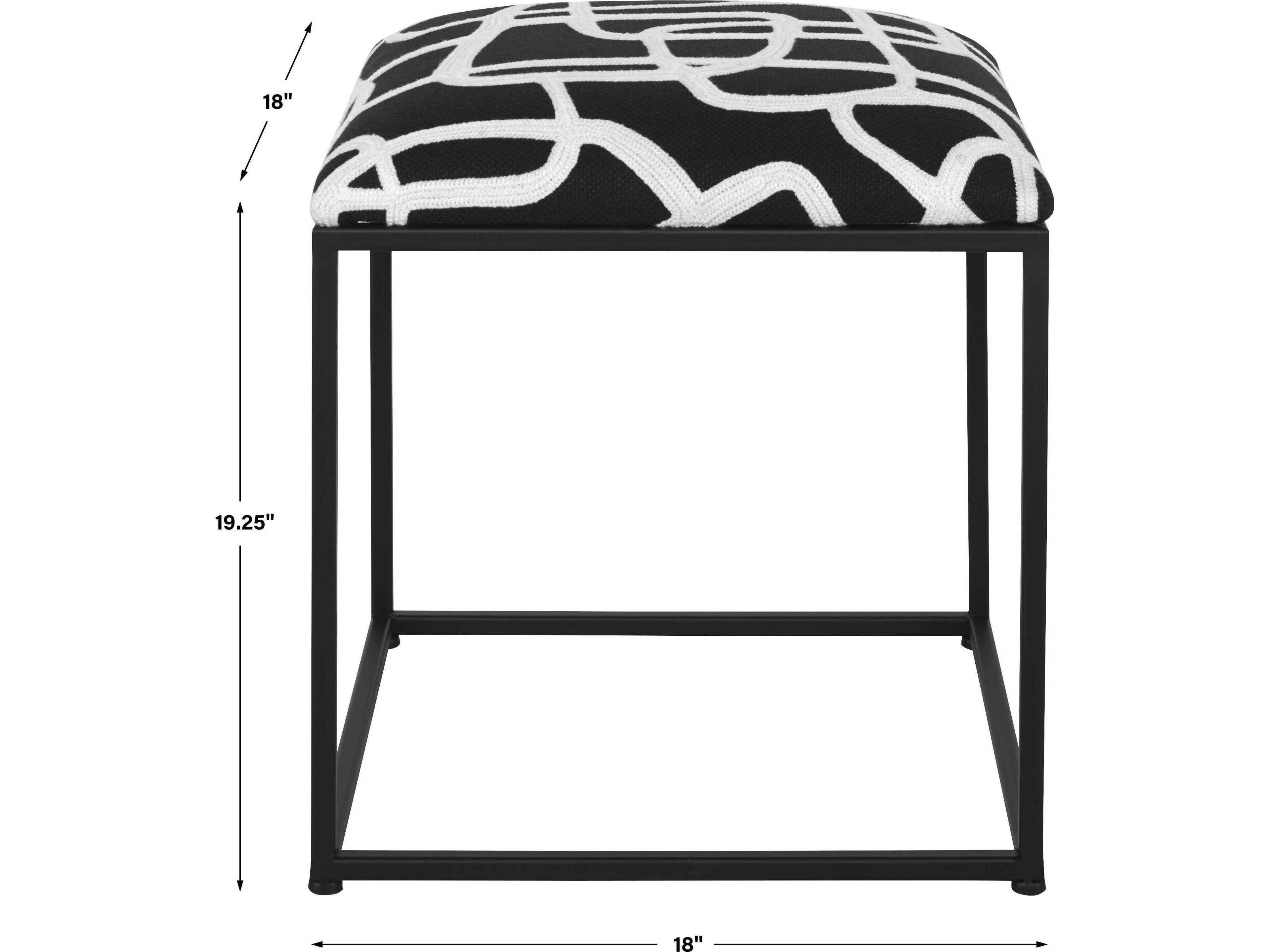 Uttermost Twists And Turns Black White Embroidered Matte Upholstered Accent Stool