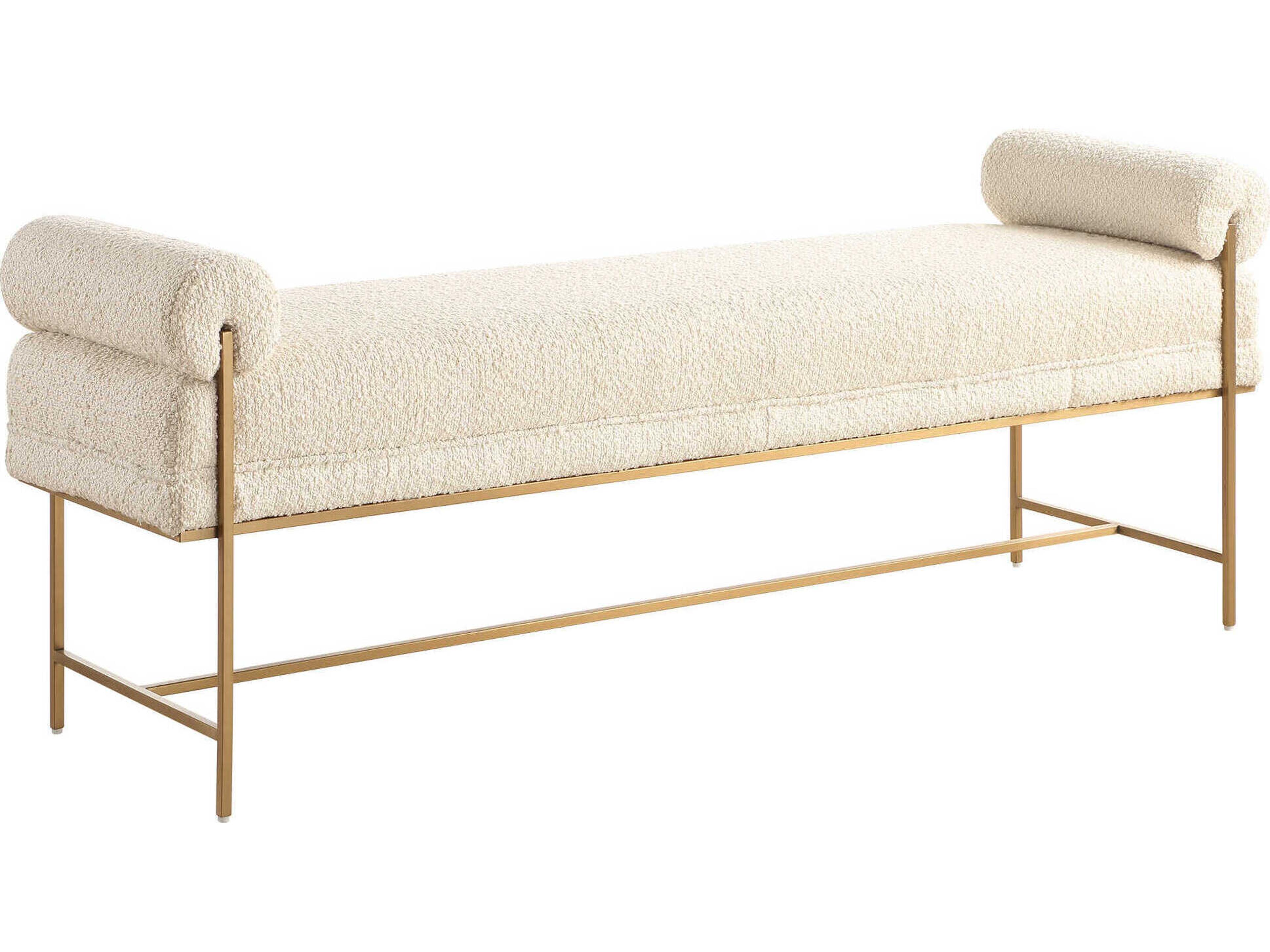 Uttermost Bolster Pearl White Brushed Brass Beige Upholstered Accent Bench