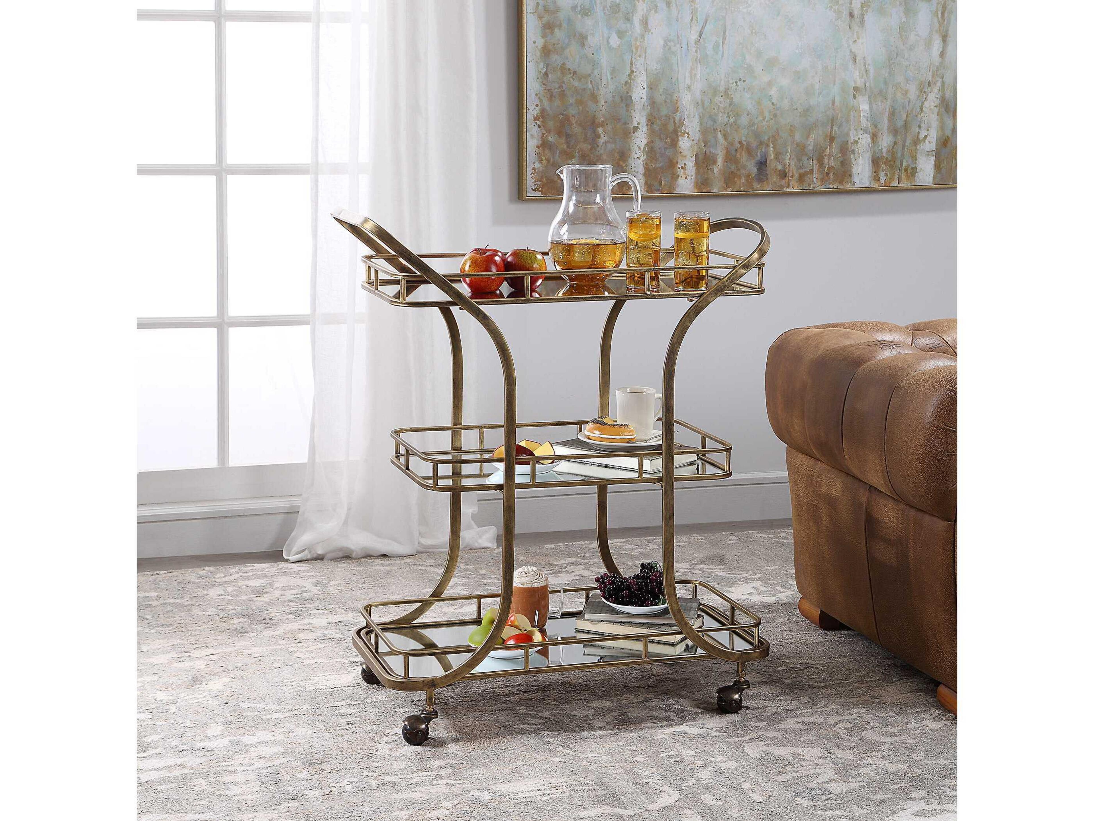 Uttermost Stassi Glass Antiqued Gold Bar Cart