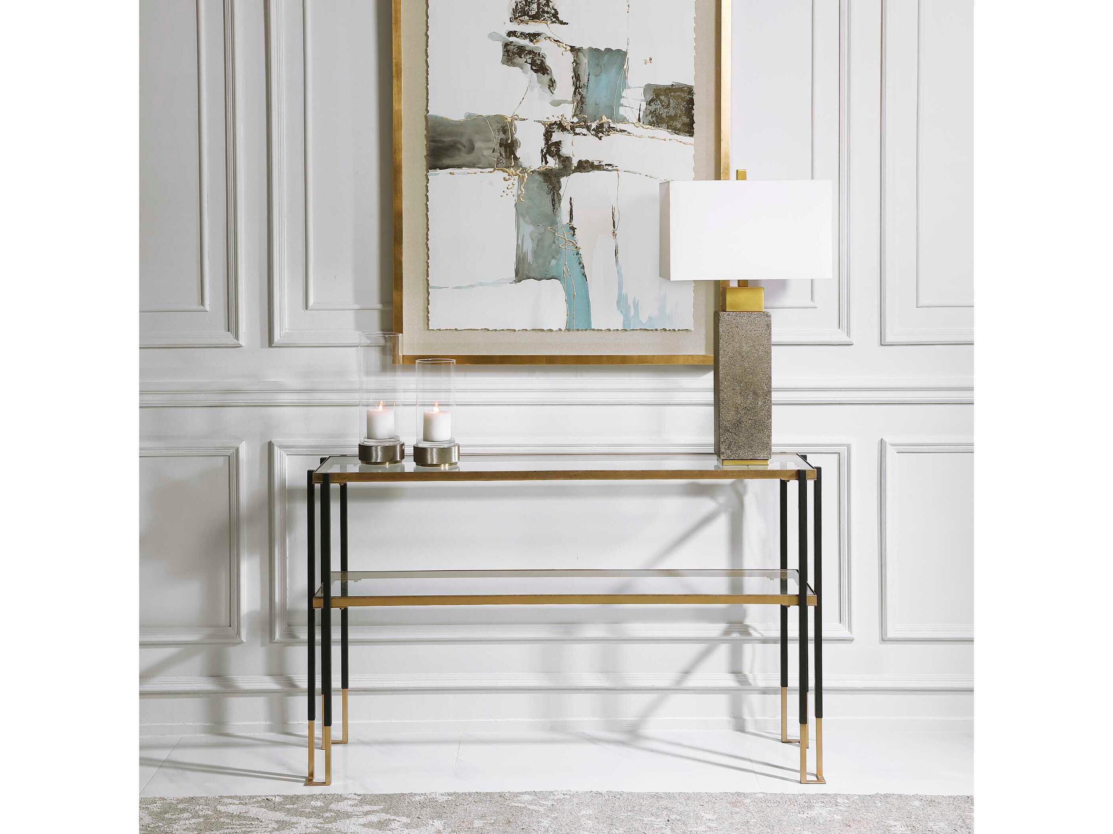 Uttermost Kentmore Modern Rectangular Glass Matte Black Brushed Gold Console Table