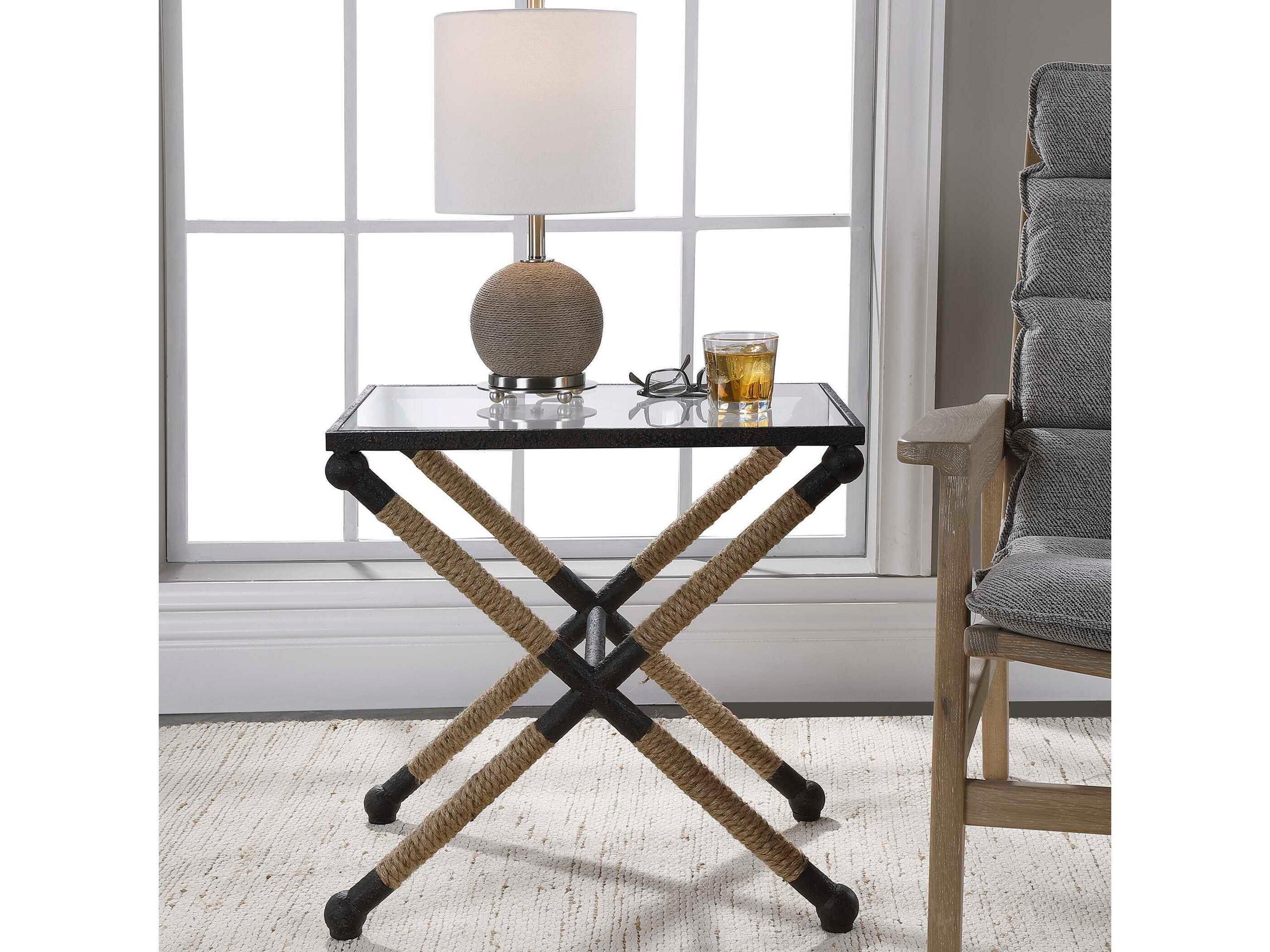 Uttermost Braddock Rectangular Glass Rustic Iron End Table