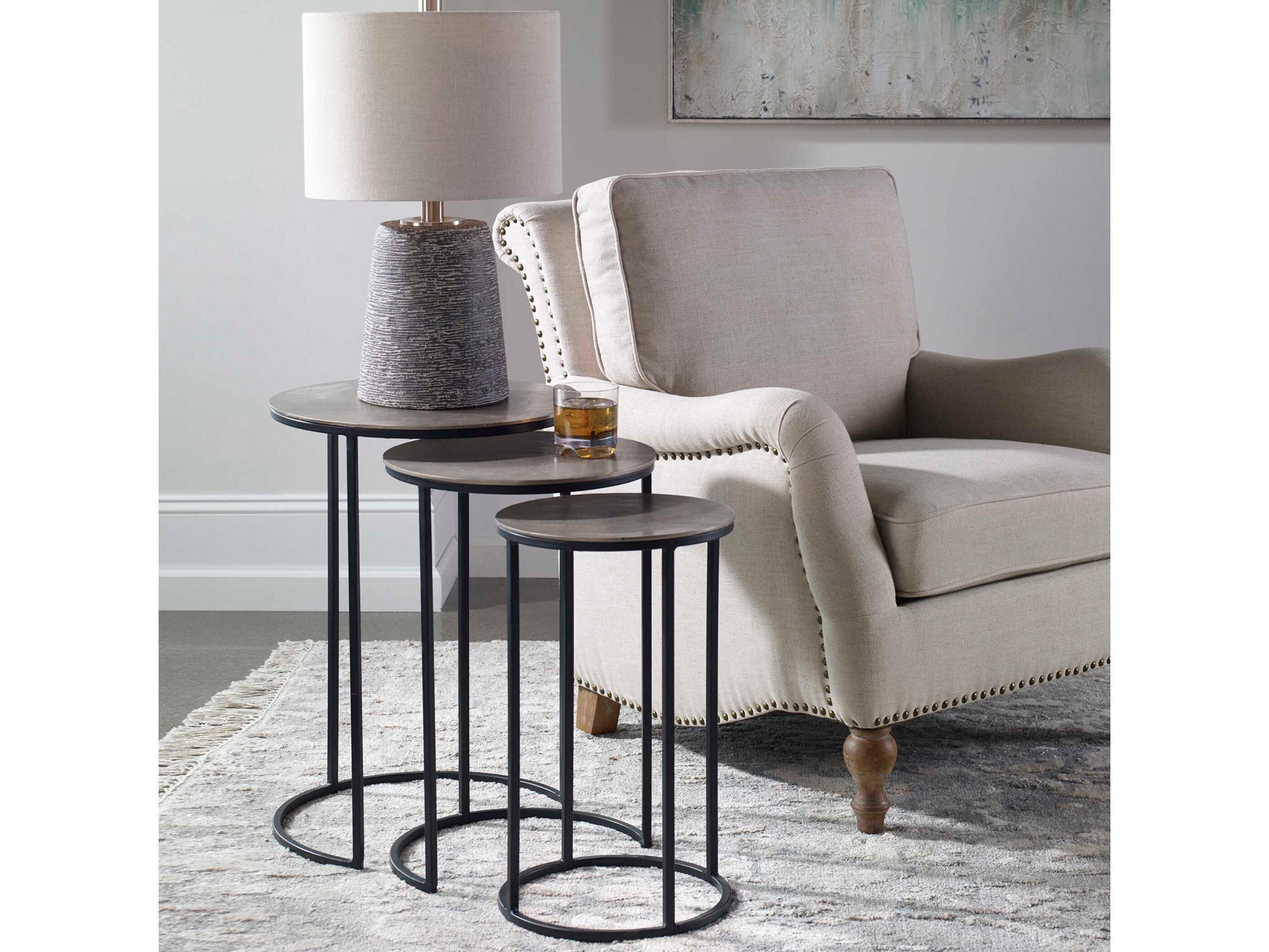 Uttermost Erik Round Metal Plated Antique Nickel Aged Black End Table