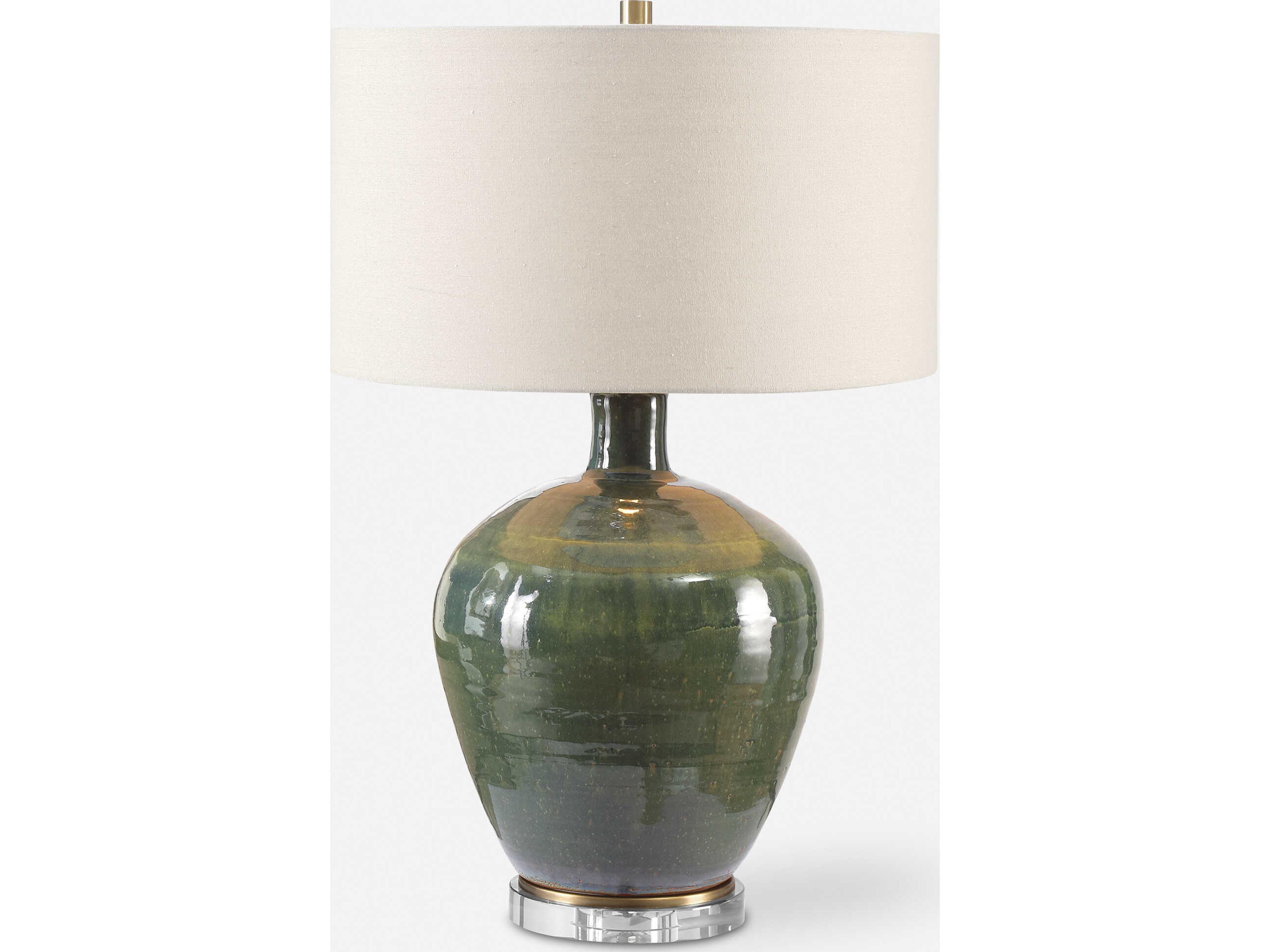 Uttermost Elva Crystal Distressed Emerald Green Round Hardback Drum Brass Buffet Lamp