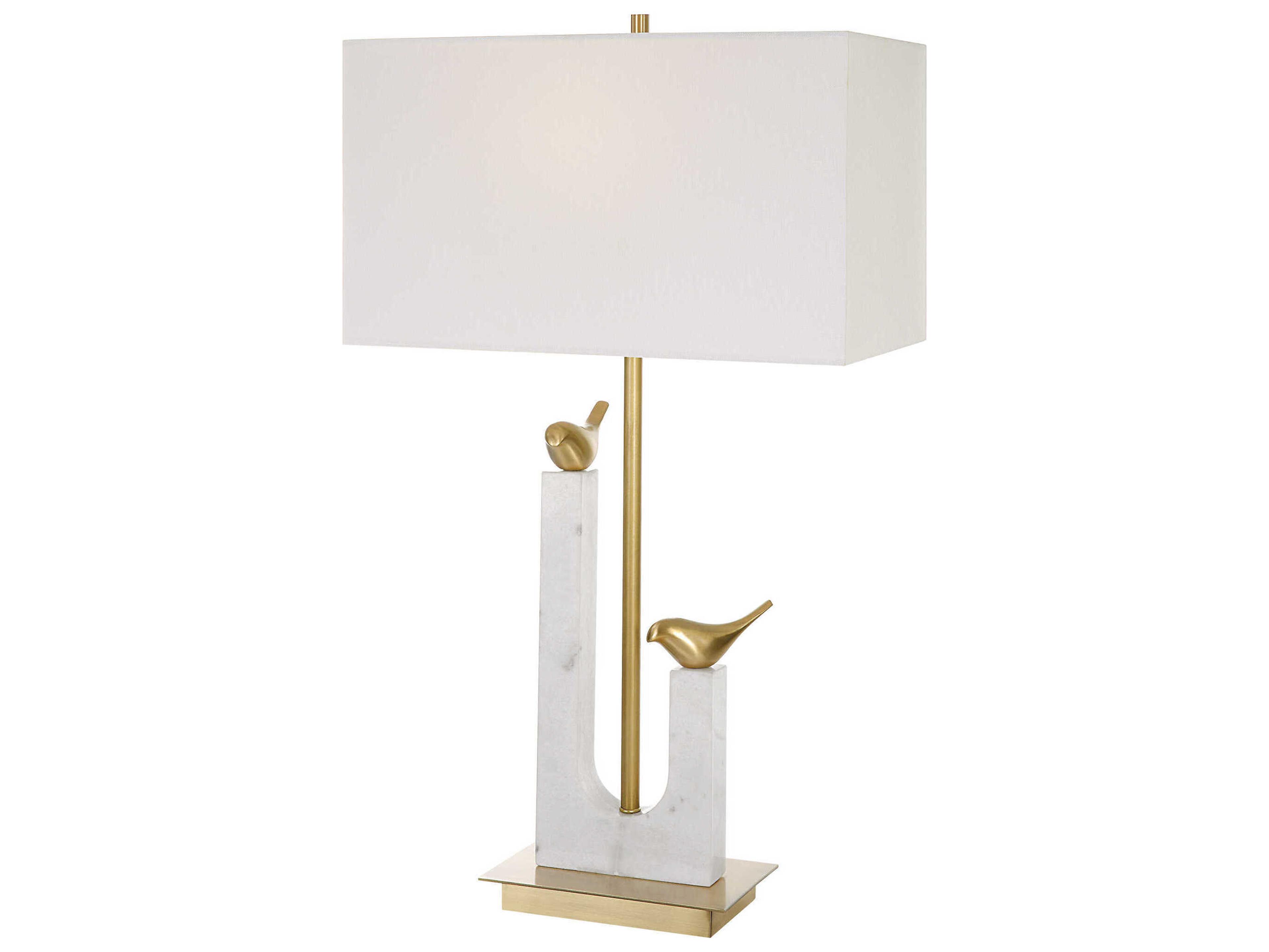 Uttermost Songbirds White Marble Brushed Brass Rectangle Hardback Fabric Shade Buffet Lamp