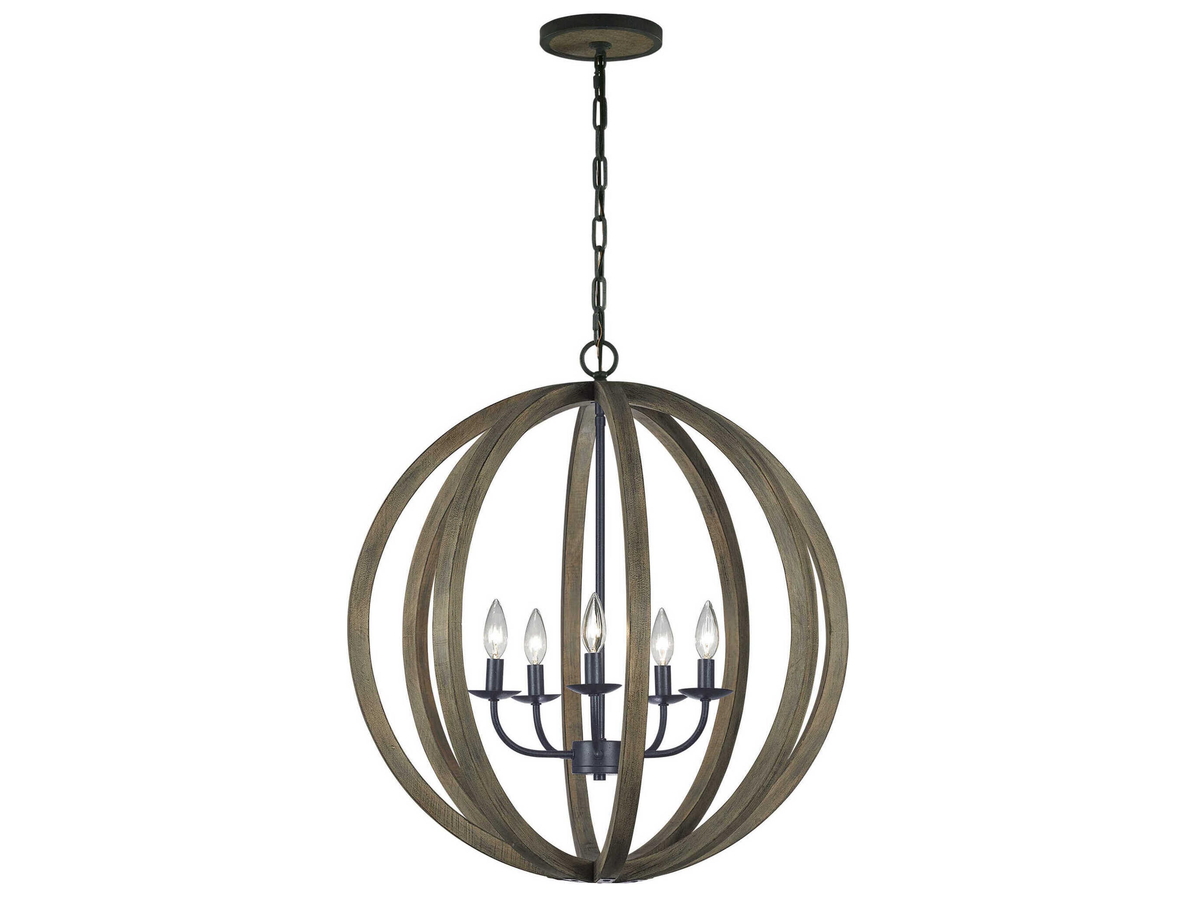 Visual Comfort Studio Allier 5-Light Weathered Oak Wood Antique Forged Iron Brown Globe Pendant