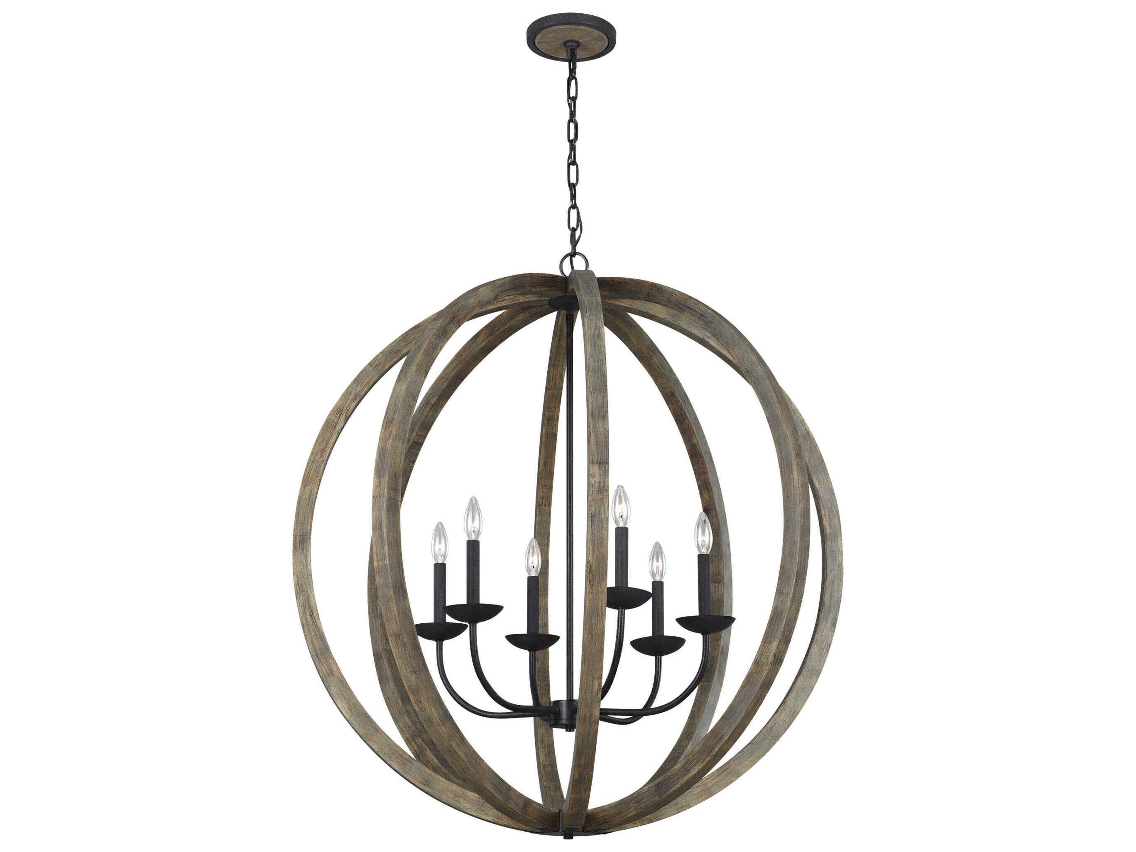 Visual Comfort Studio Allier 6-Light Weathered Oak Wood Antique Forged Iron Brown Globe Pendant