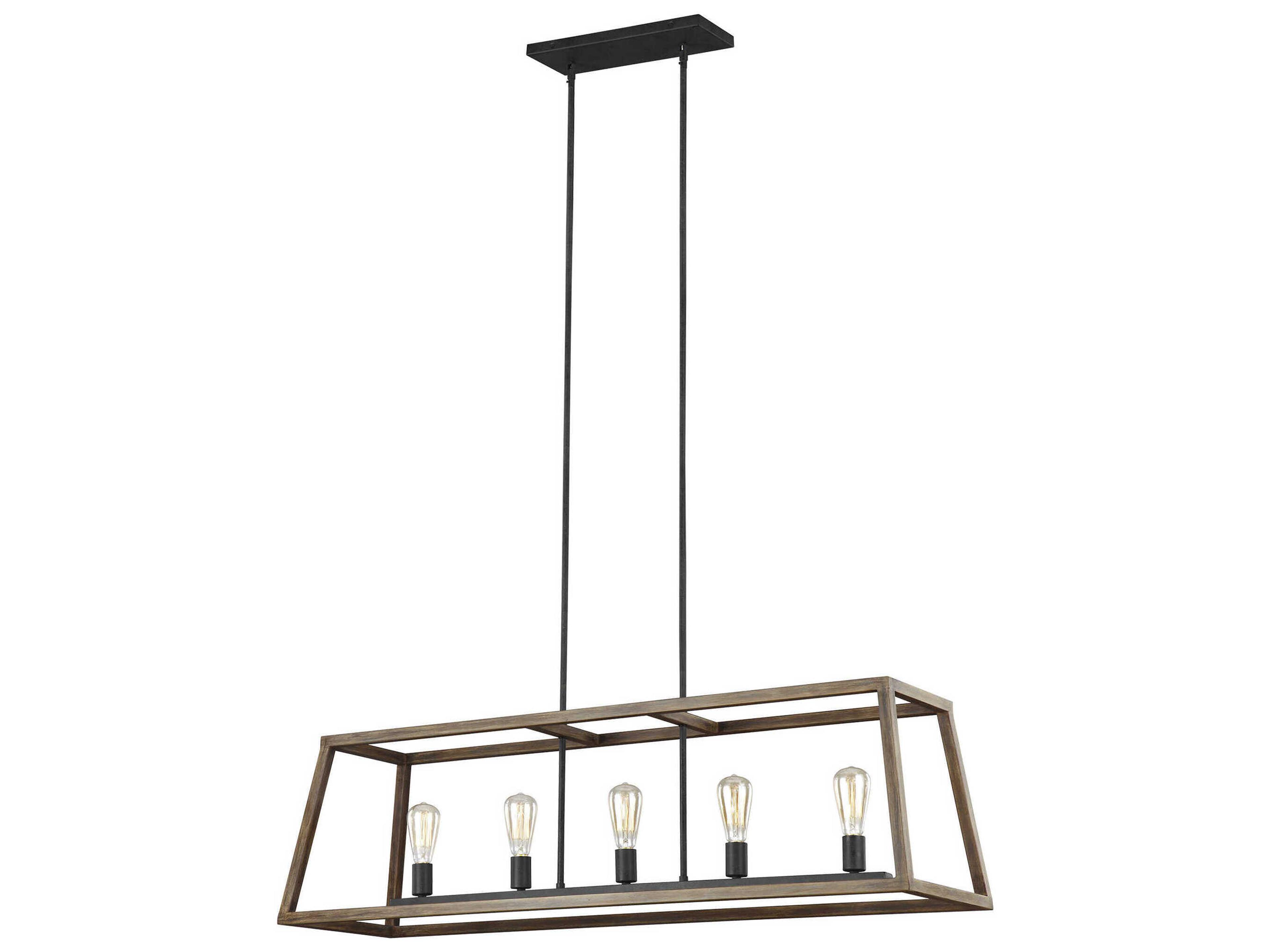 Visual Comfort Studio Gannet 5-Light Weathered Oak Wood Antique Forged Iron Brown Linear Island Pendant