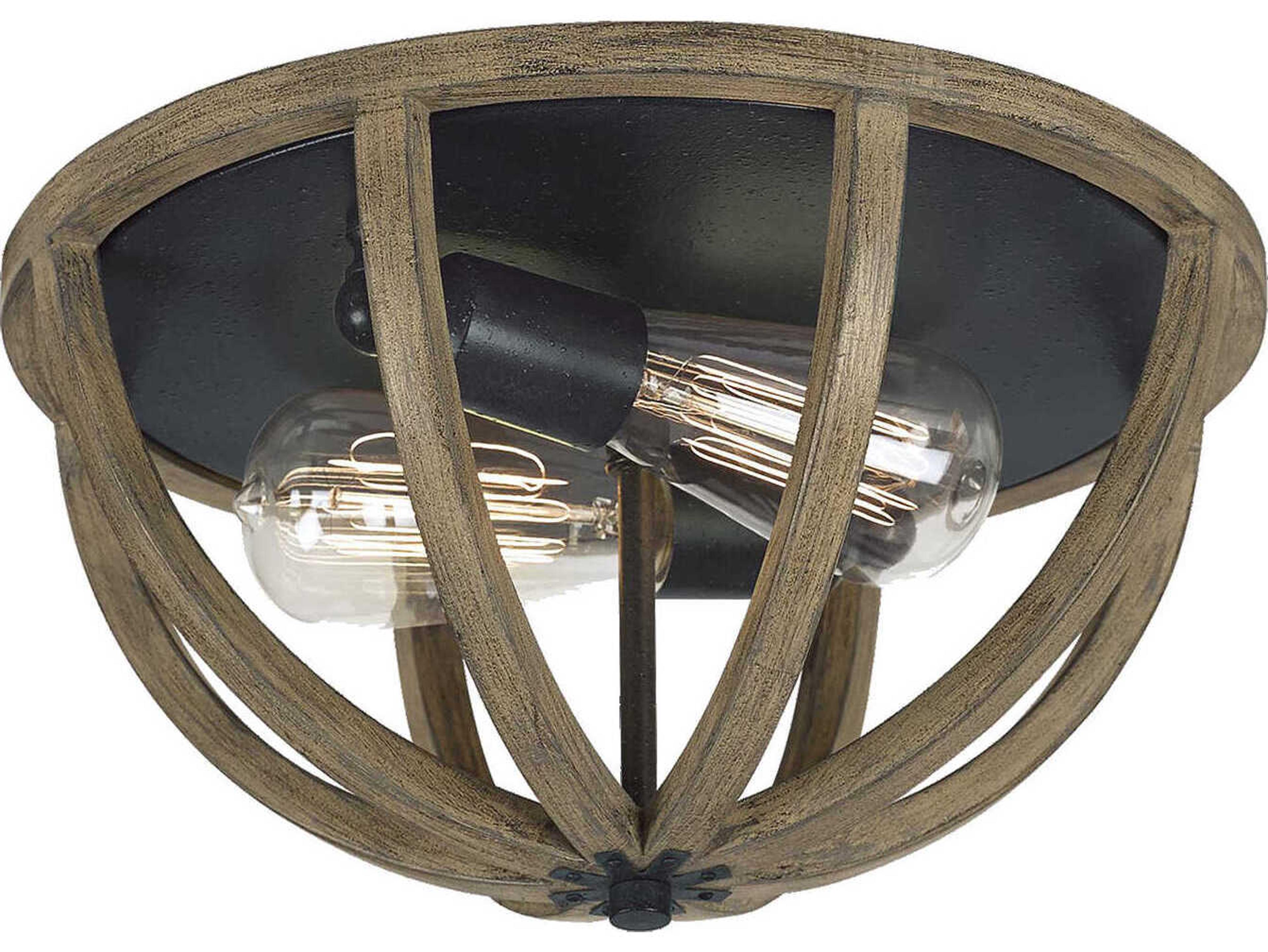 Visual Comfort Studio Allier 2-Light Weathered Oak Wood Antique Forged Iron Brown Flush Mount