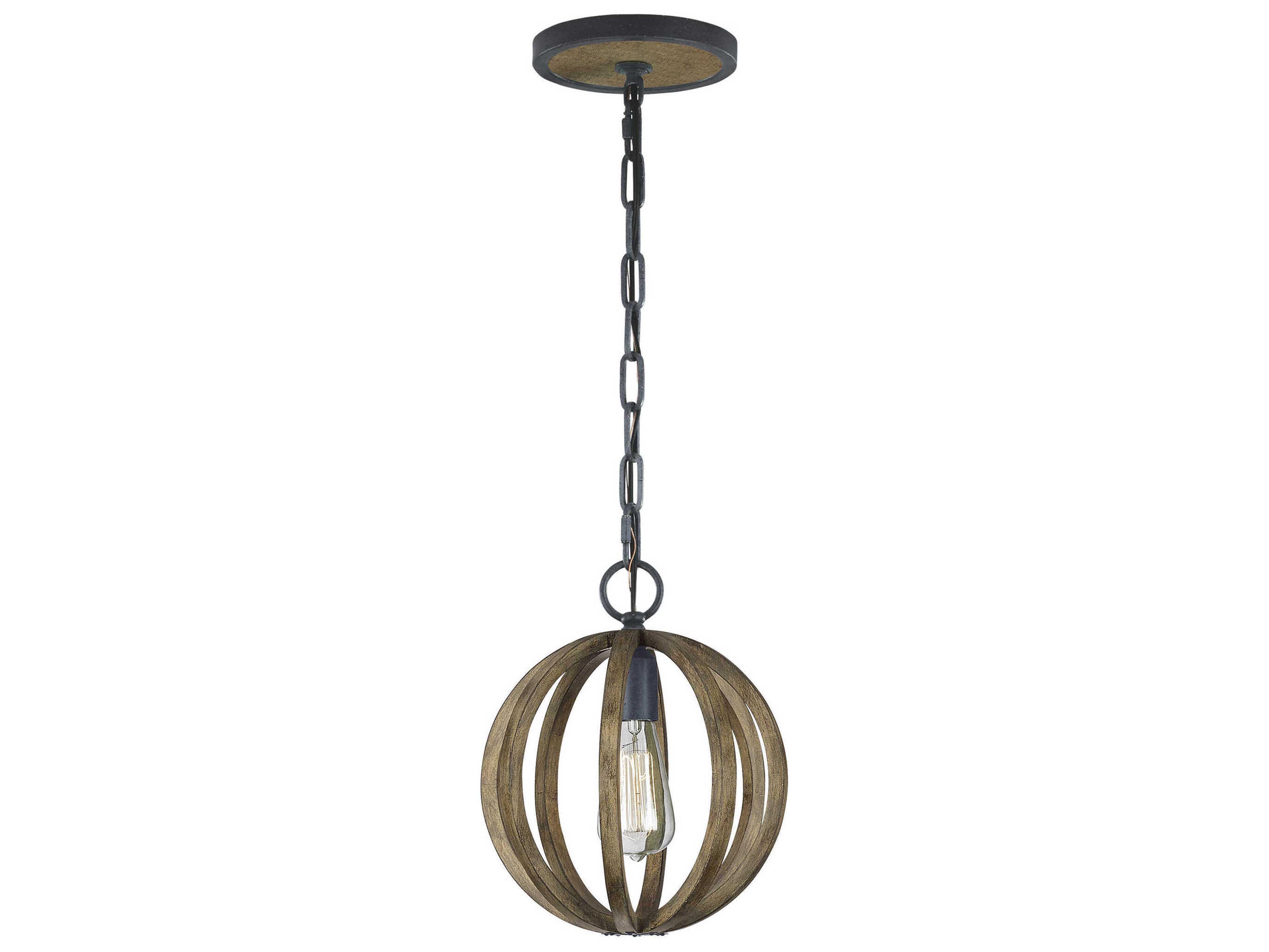 Visual Comfort Studio Allier 1-Light Weathered Oak Wood Antique Forged Iron Brown Globe Mini Pendant