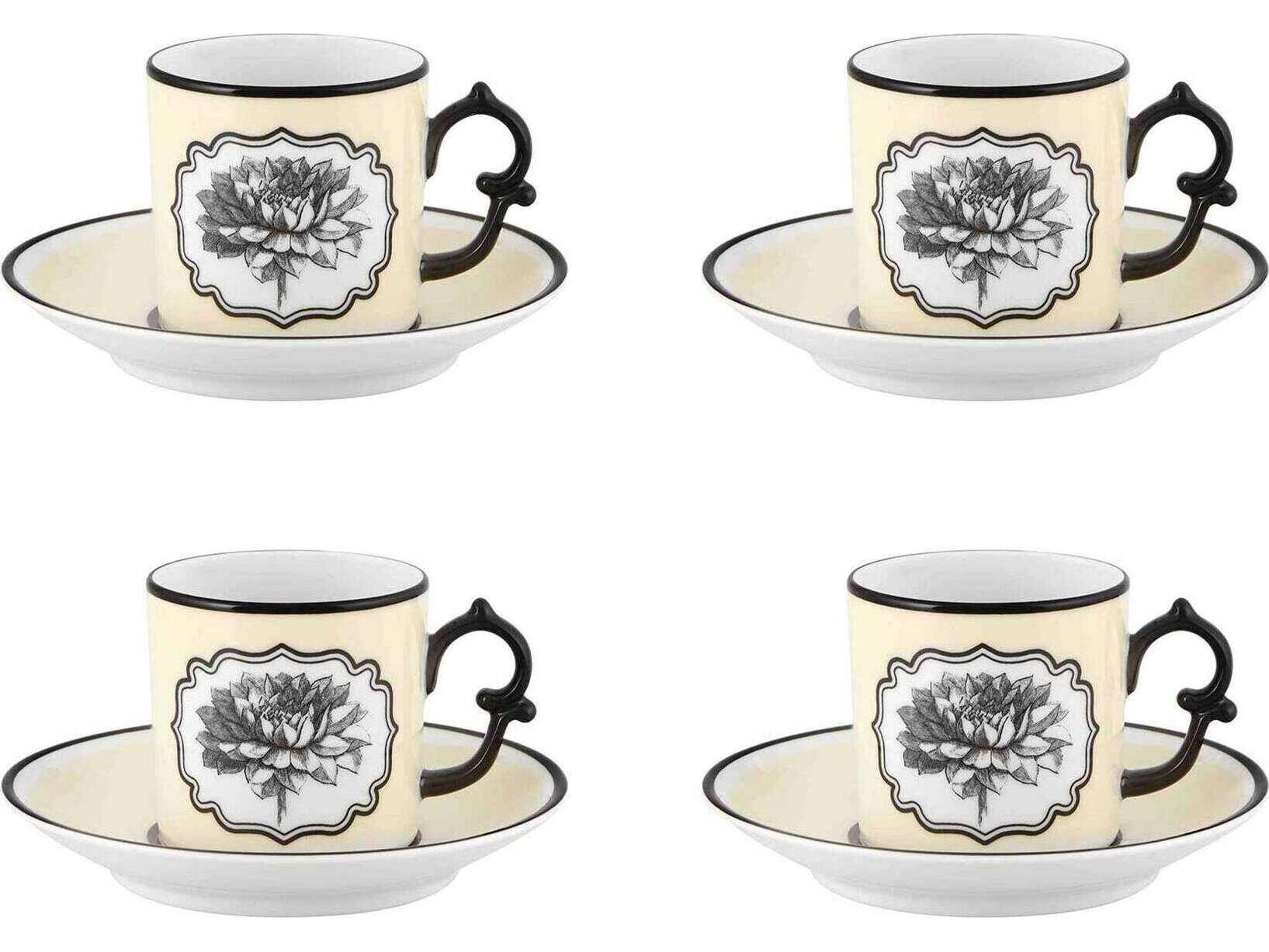Vista Alegre Lacroix Herbariae Yellow Coffee Cup and Saucer Set of 4